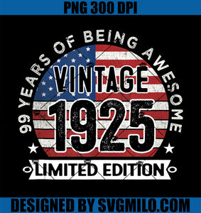 99th Birthday Gifts PNG, Vintage 1925 99 Years Old USA Flag PNG