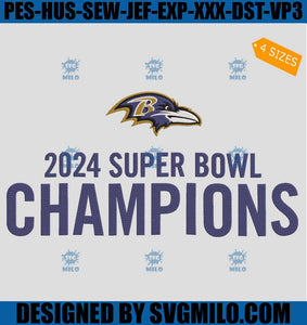 Baltimore Ravens Champions Super Bowl LVIII Embroidery Design, Baltimore Ravens 2024 Super Bowl Champions Embroidery Design