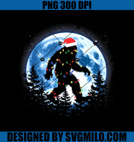 Bigfoot Christmas Lights Santa Hat PNG, Sasquatch Moon Xmas PNG