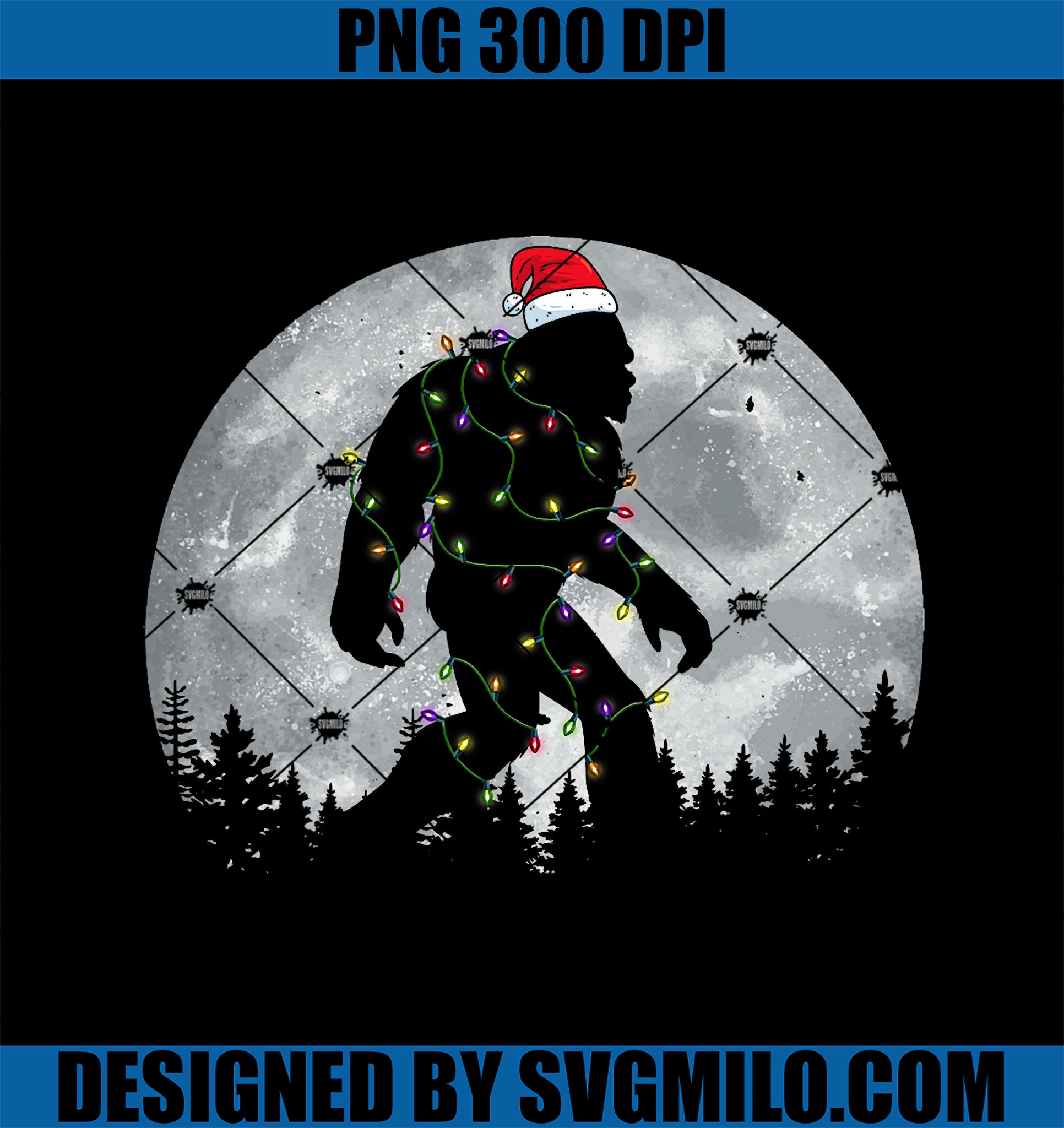 Bigfoot Santa Christmas Tree Lights PNG, Funny Xmas Sasquatch PNG