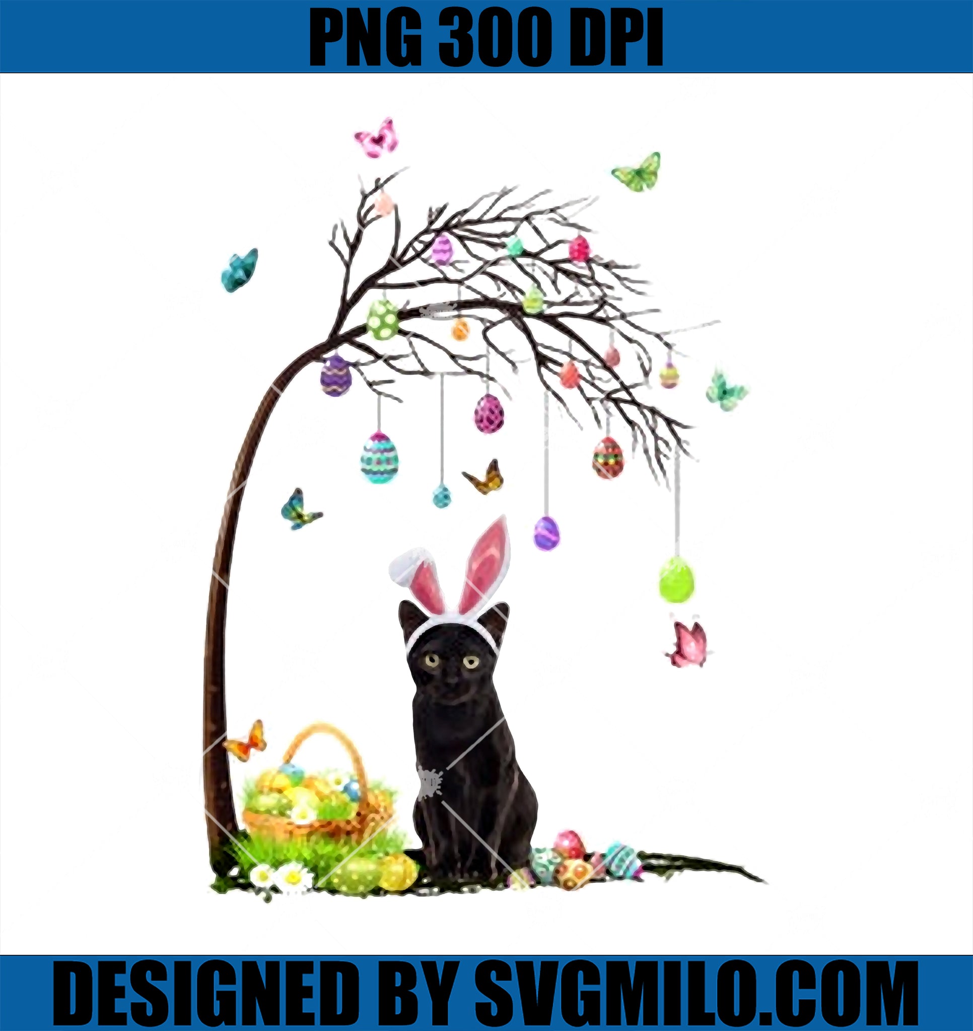 Black Cat Kitten Bunny Egg PNG, Easter Tree PNG