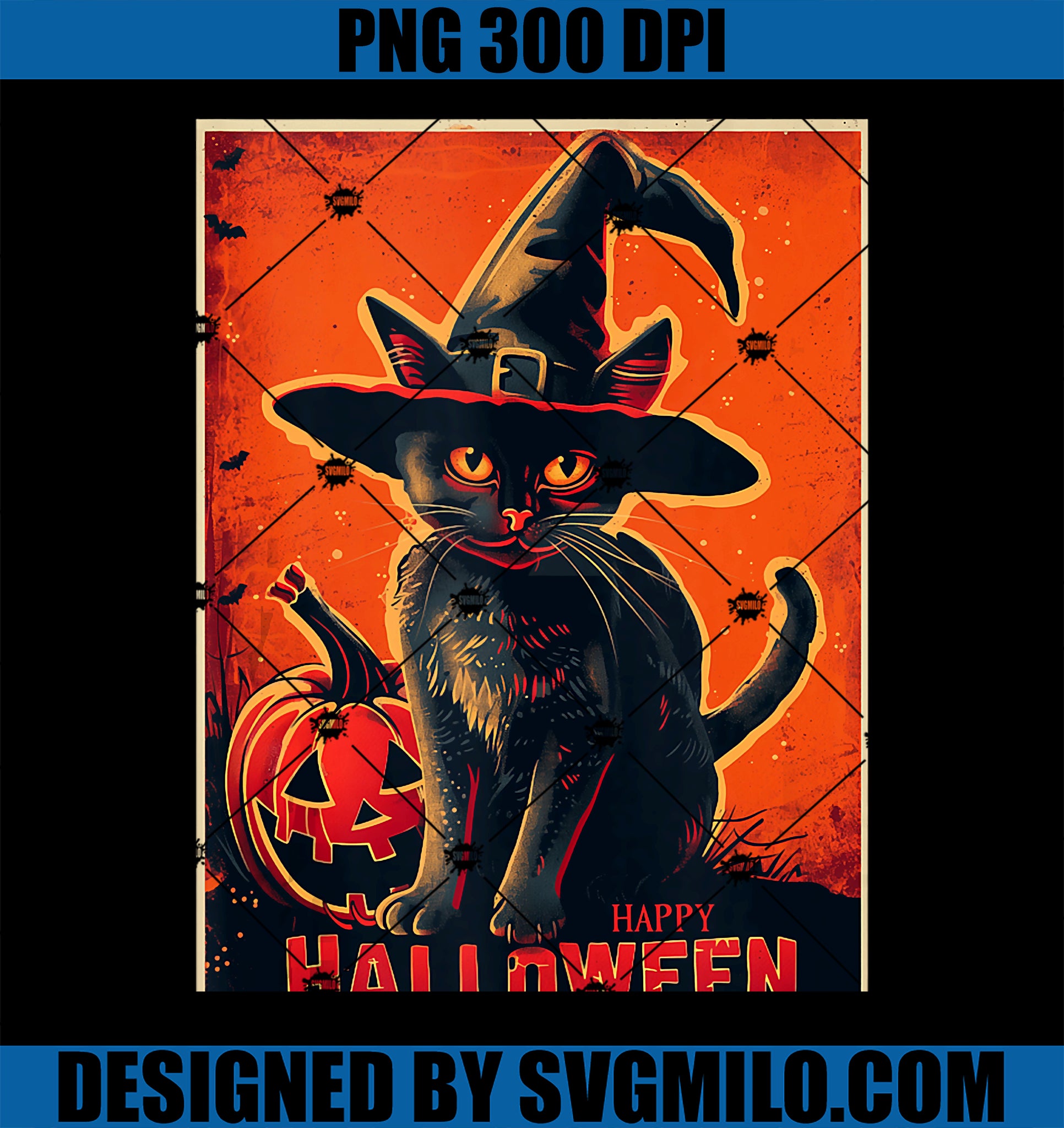 Black Cat Witch Hat Vintage Halloween Poster Style PNG