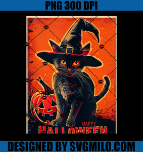 Black Cat Witch Hat Vintage Halloween Poster Style PNG