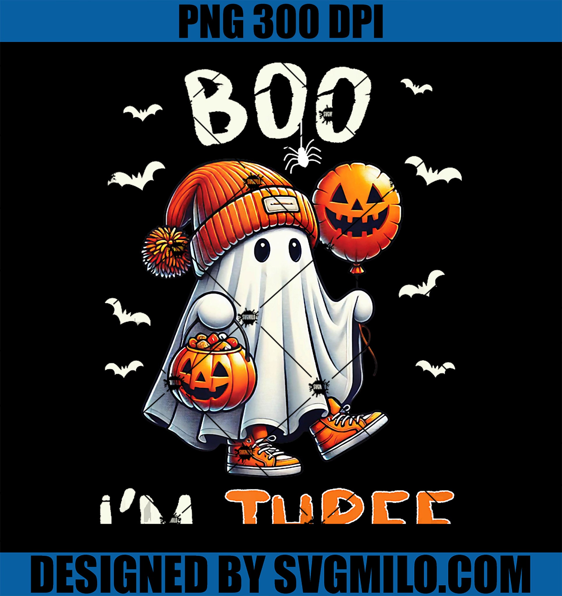 Boo I_m Three Ghost 3rd Birthday Halloween Groovy PNG