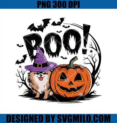 Boo Pomeranian Dog Witch Halloween Bats Spooky Pumpkin PNG