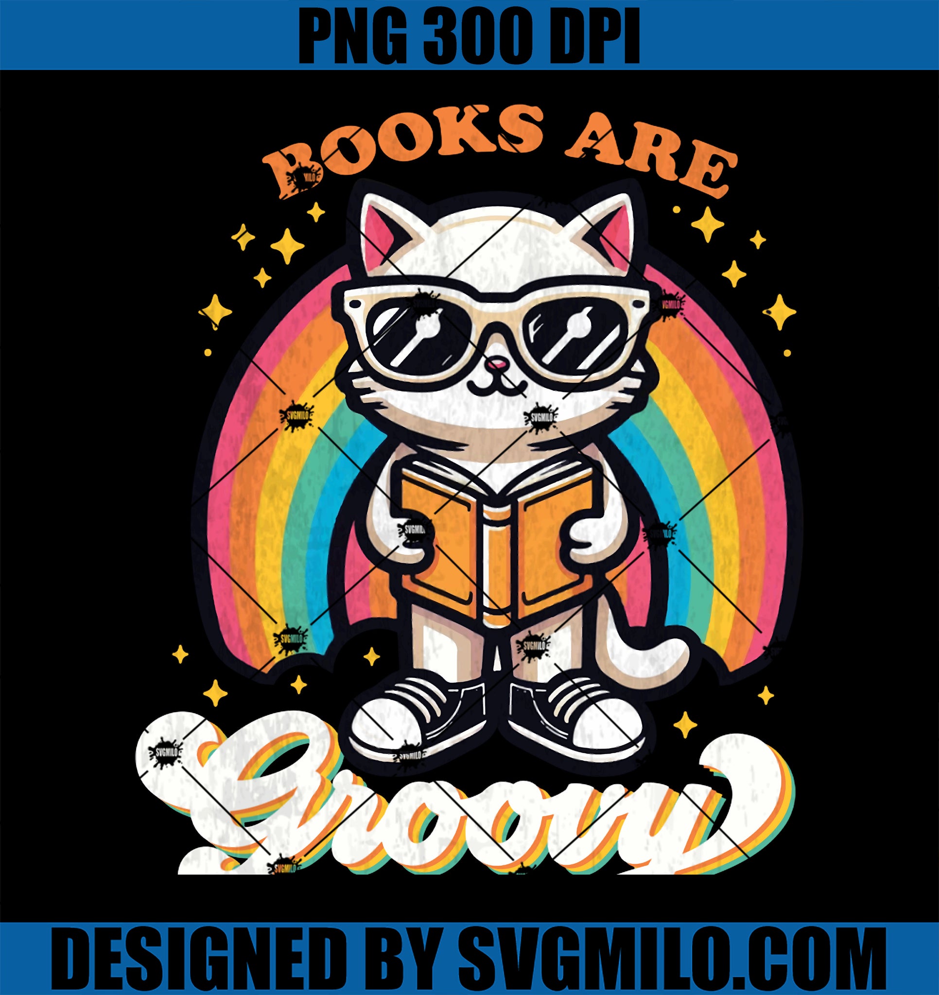 Books Are Groovy PNG, Funny Cat Retro Librarian Teacher Rainbow PNG