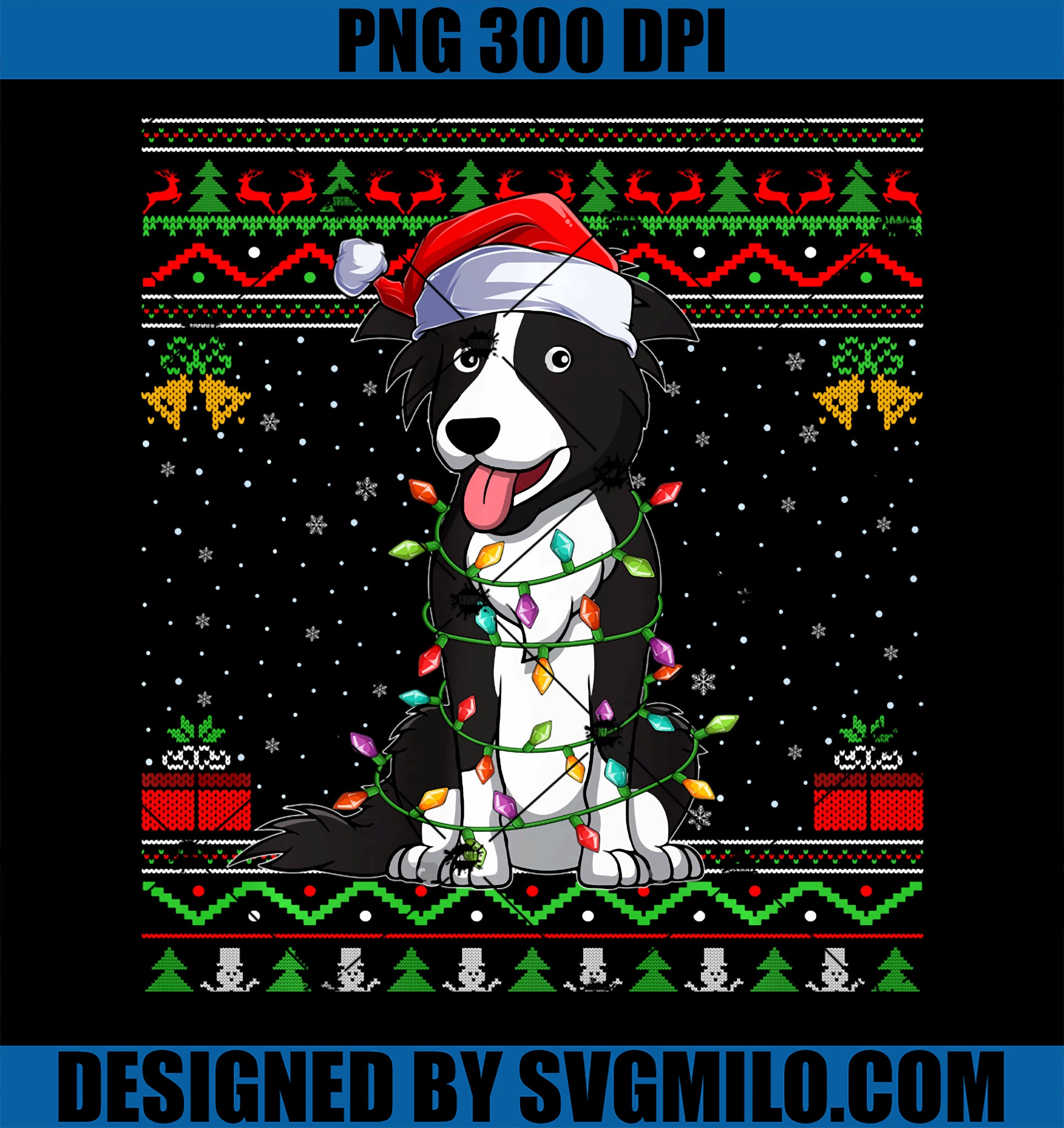 Border Collie Dog Christmas Lights Santa Ugly Sweater Xmas PNG