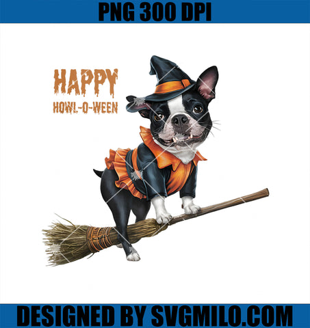 Boston Terrier Halloween PNG, Happy Howl-O-Ween Riding Broom PNG