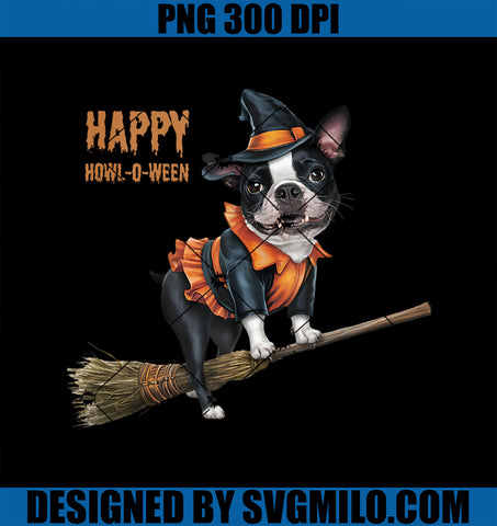 Boston Terrier Halloween PNG, Happy Howl-O-Ween Riding Broom PNG