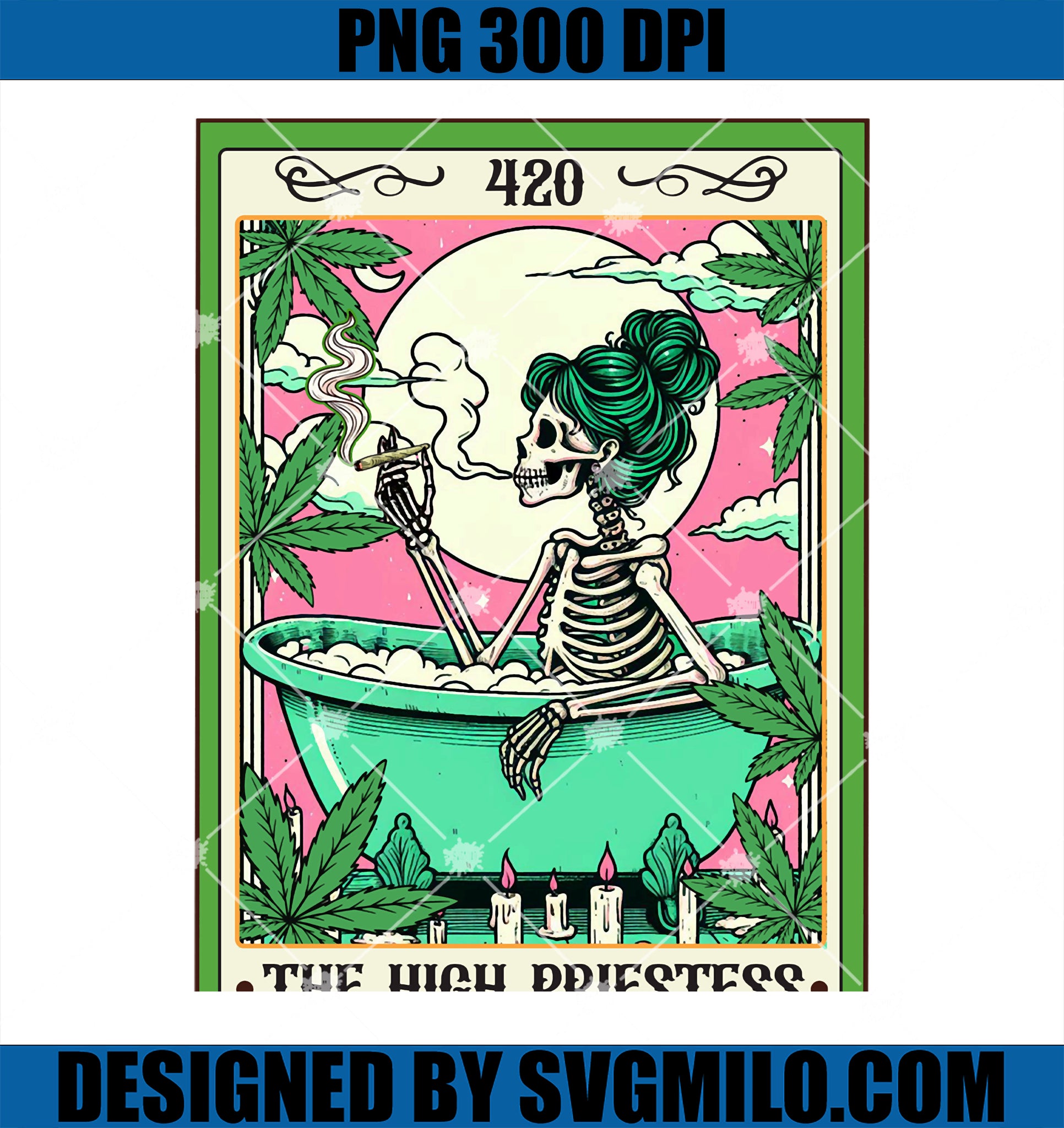 Cannabis Weed Skeleton Smoking The High Priestess Tarot Card PNG