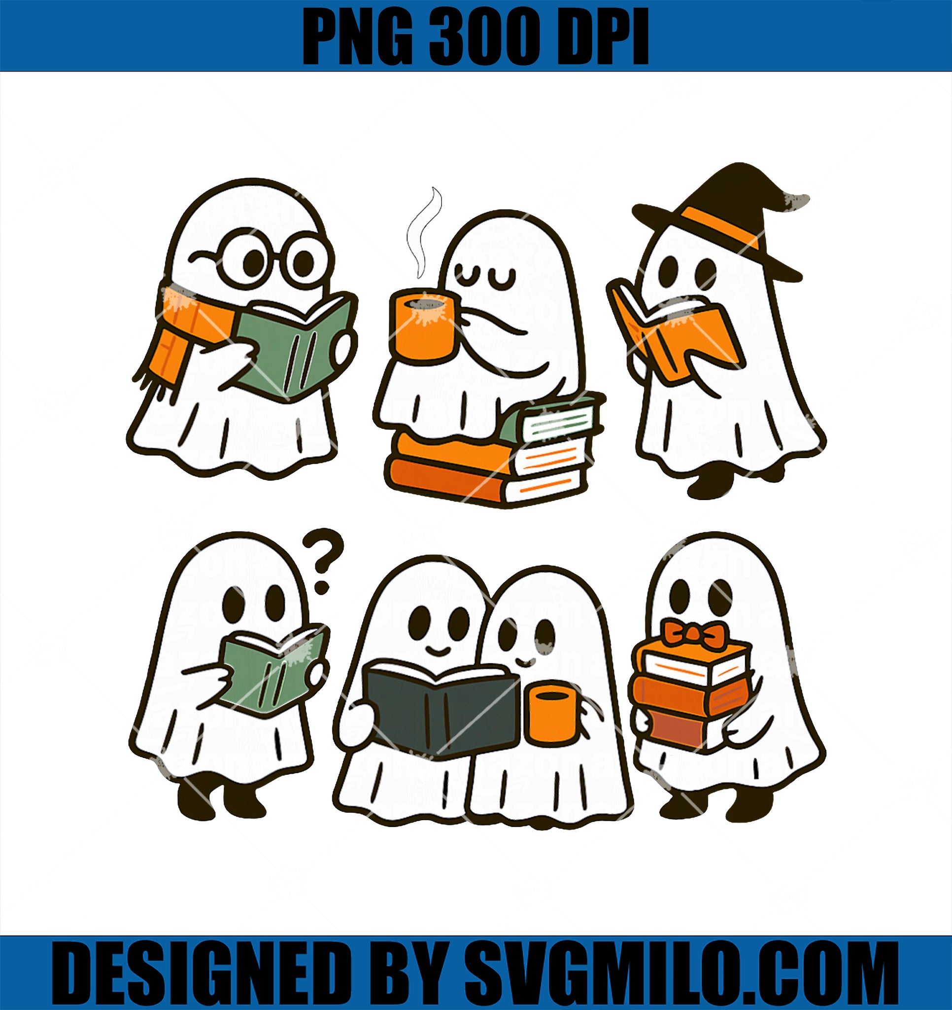 Cute Ghosts Reading Books PNG, Halloween PNG
