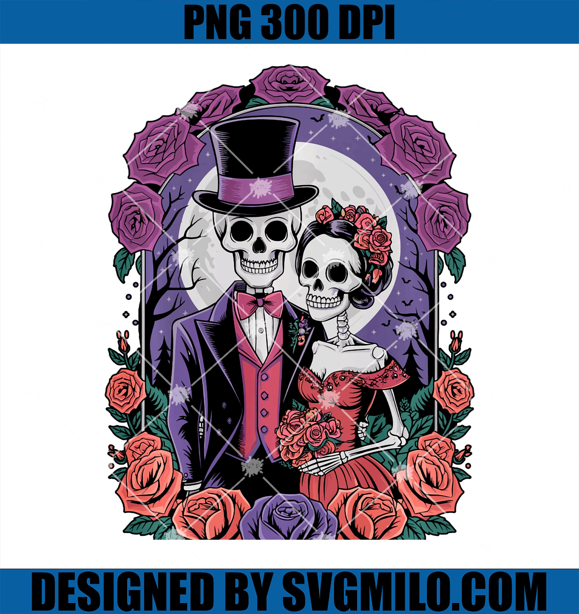 Day of the Dead Skeleton Couple with Roses for Halloween PNG