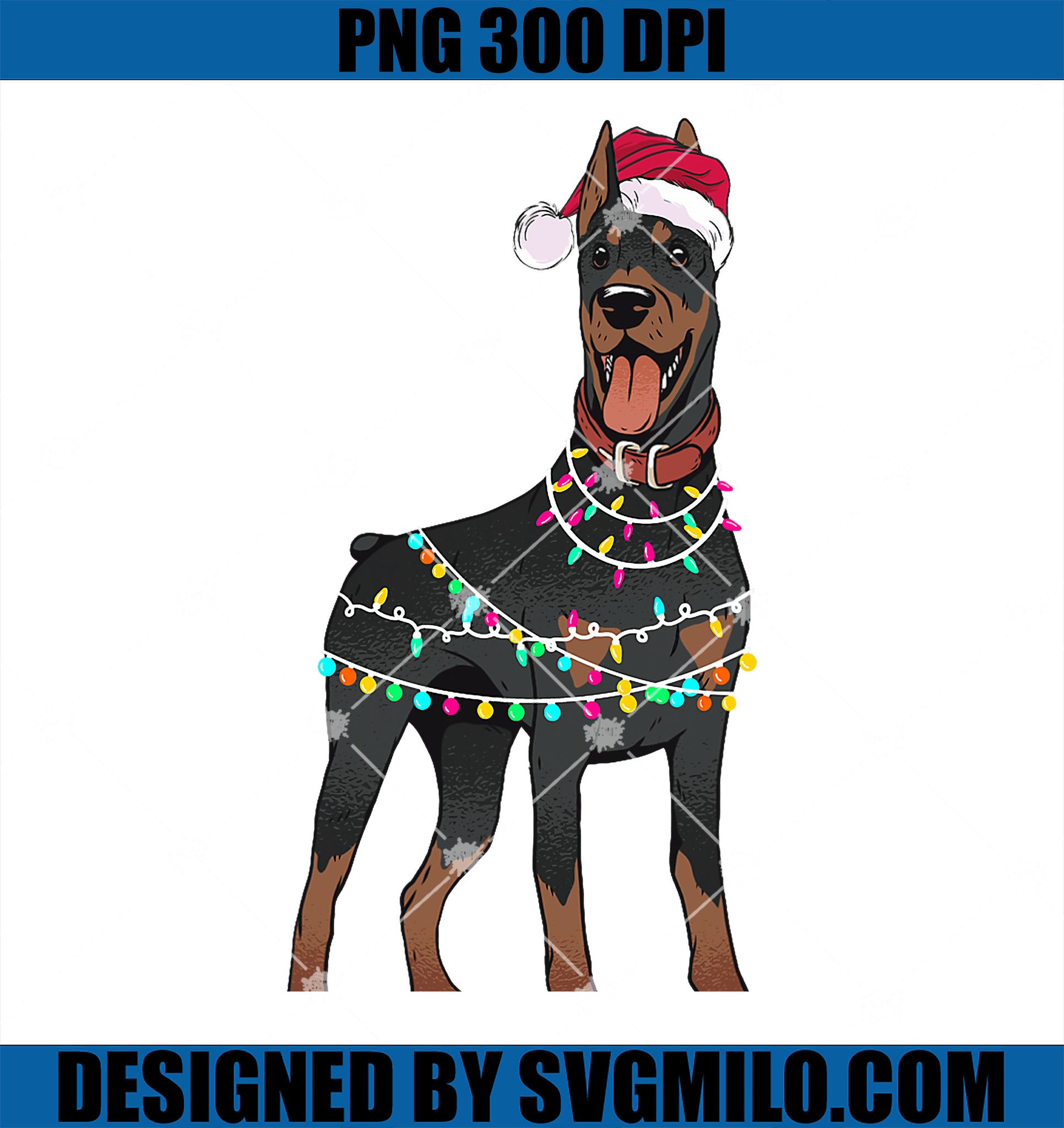 Doberman Santa Christmas Lights Dog PNG