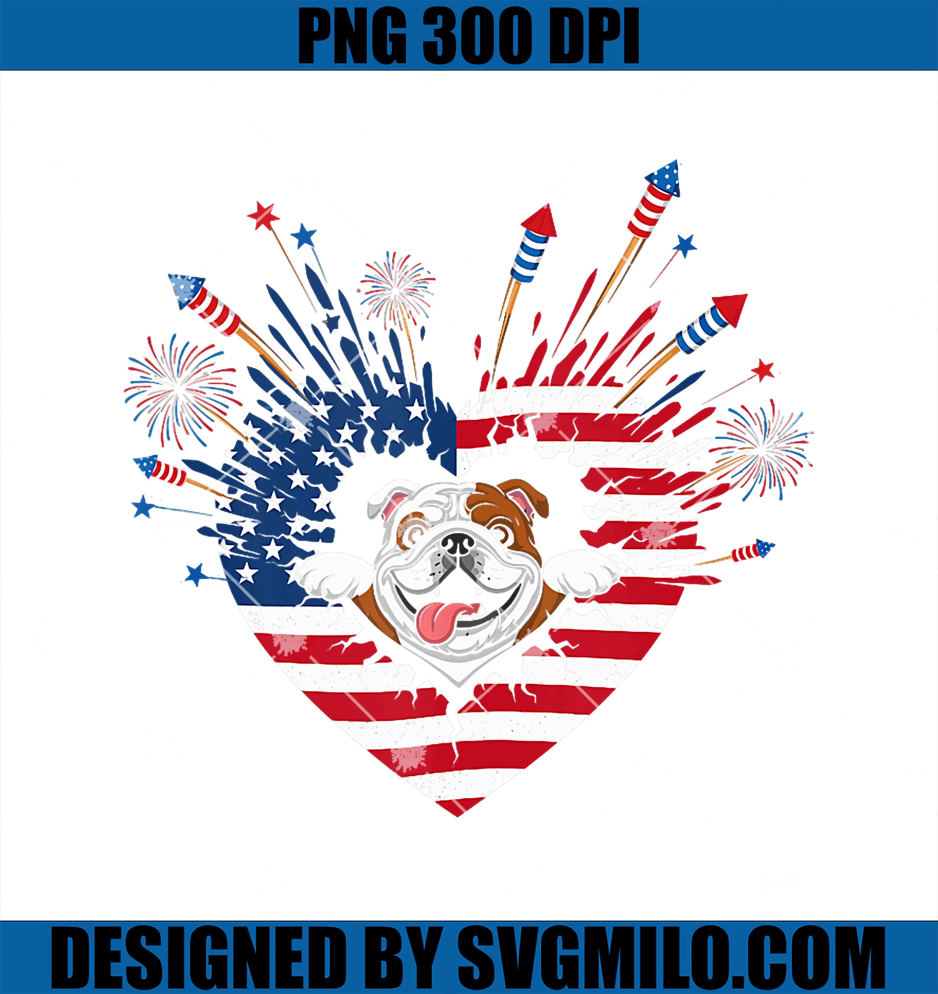 Fireworks Heart English Bulldog American Flag PNG, 4th Of July PNG