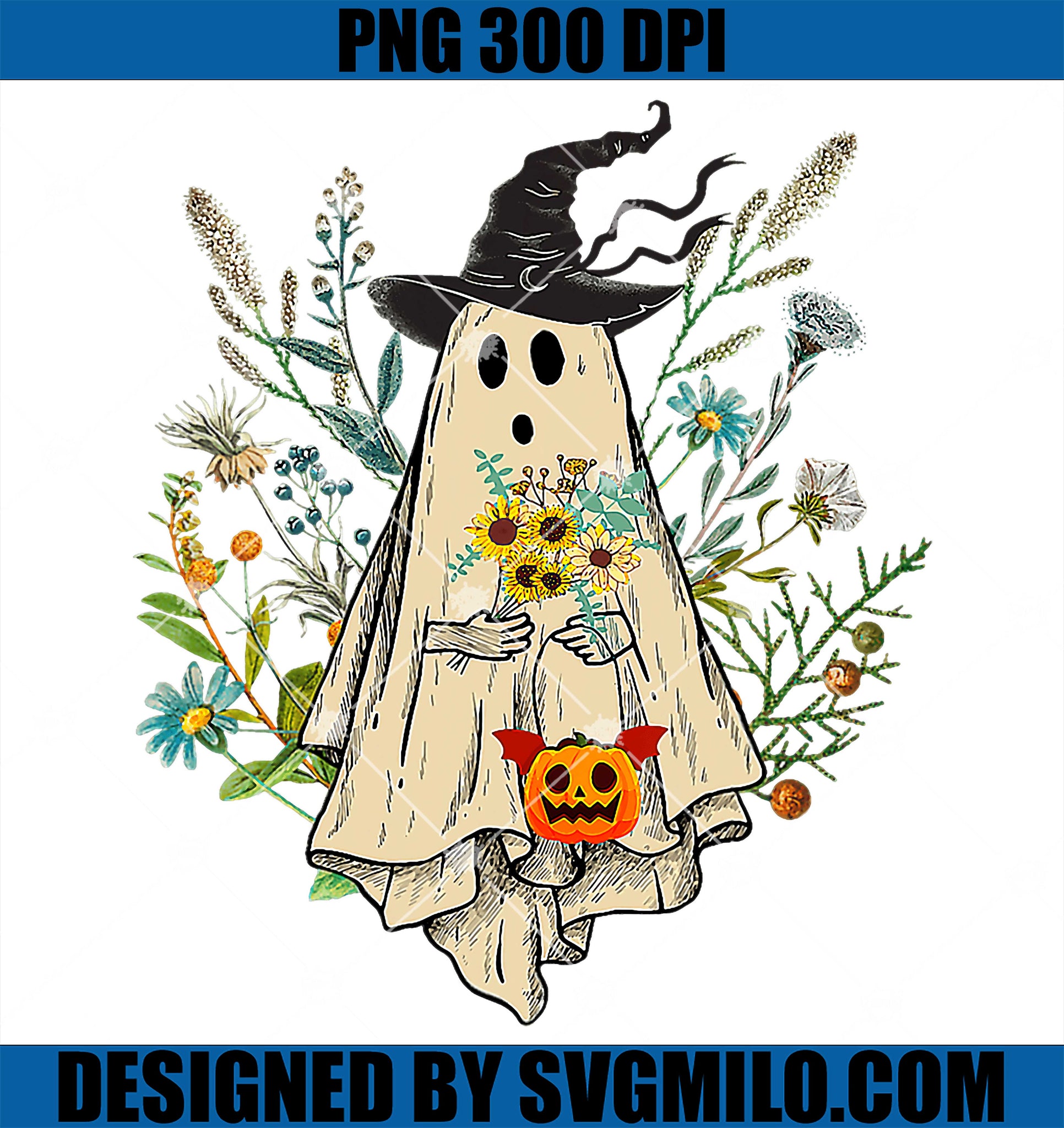 Funny Floral Ghost Cute Boo Scary PNG, Vintage Halloween Spooky PNG