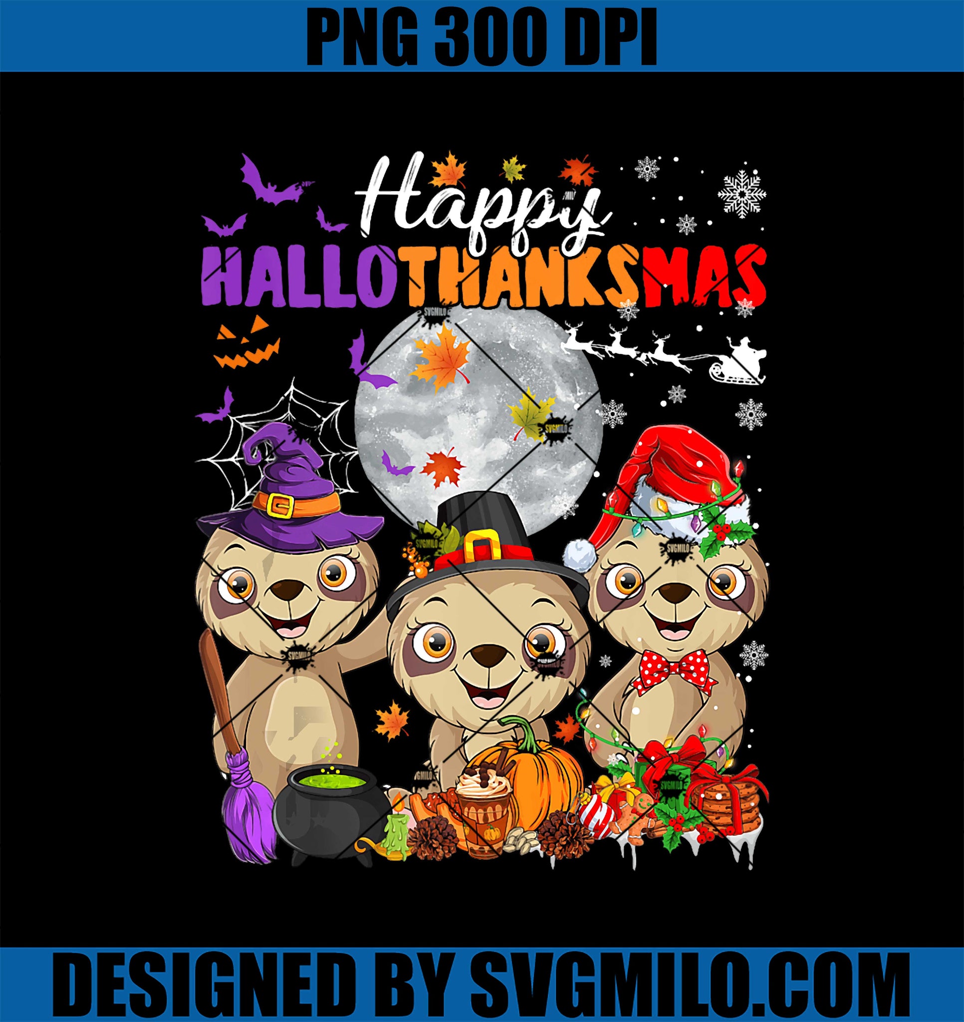 Funny Witch Pilgrim Santa Claus Sloths PNG, Happy HalloThanksMas PNG