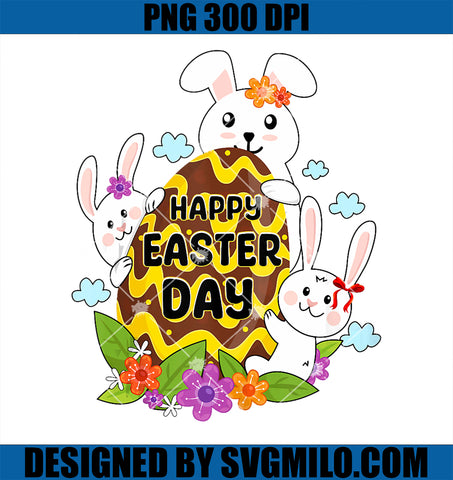 Funny Bunnies With Chocolate Easter Egg & Flowers Easter Day PNG