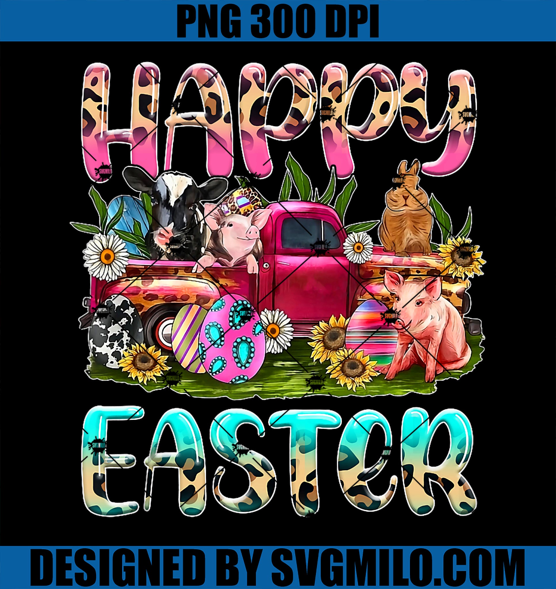 Funny Pig Cow Chicken Goat Bunny With Truck Easter Day PNG