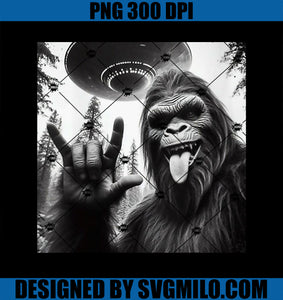 Funny Sasquatch Bigfoot Rock On Selfie With UFO Alien PNG