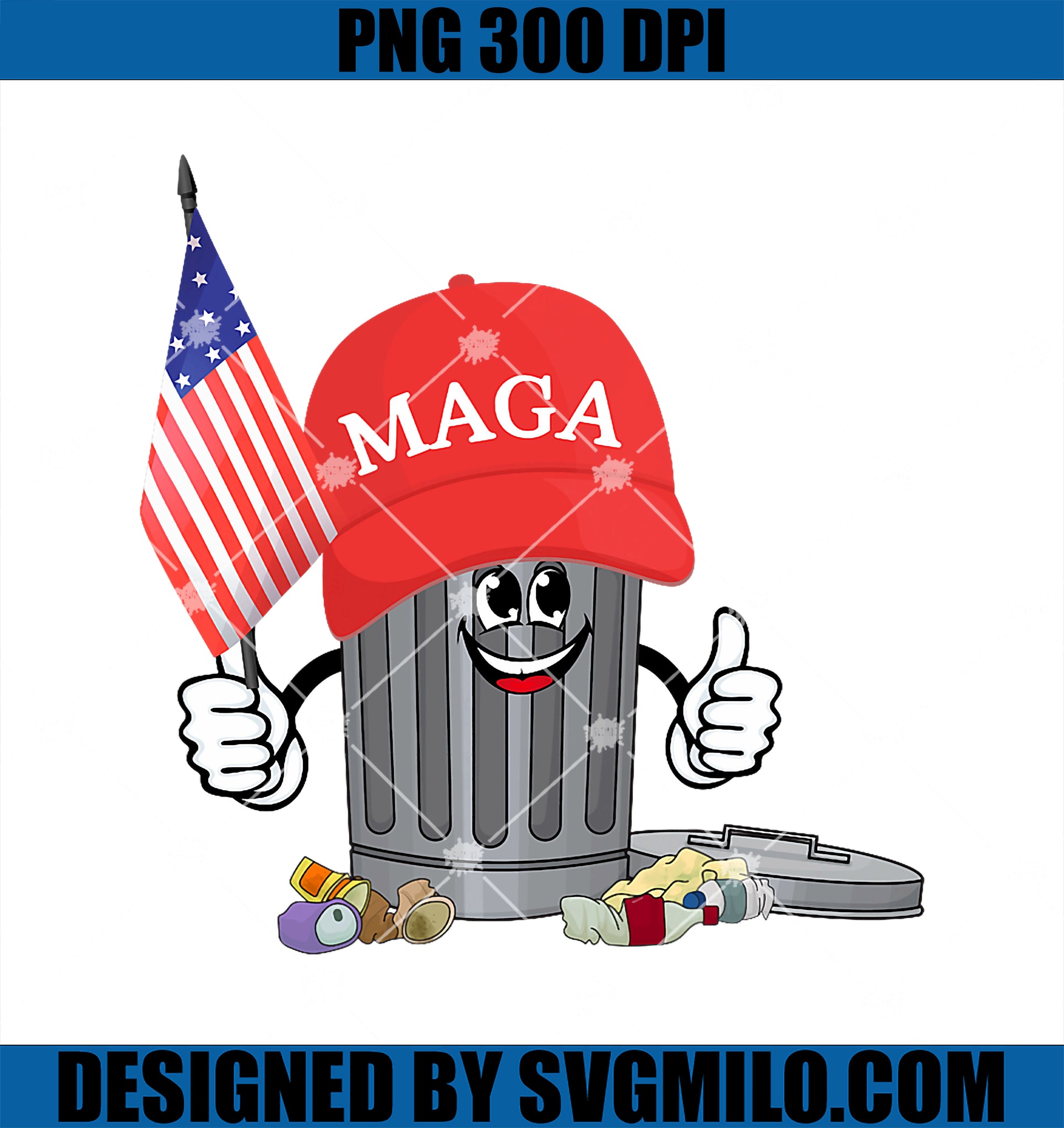 Funny Trump MAGA Garbage Can Cartoon Character American Flag PNG