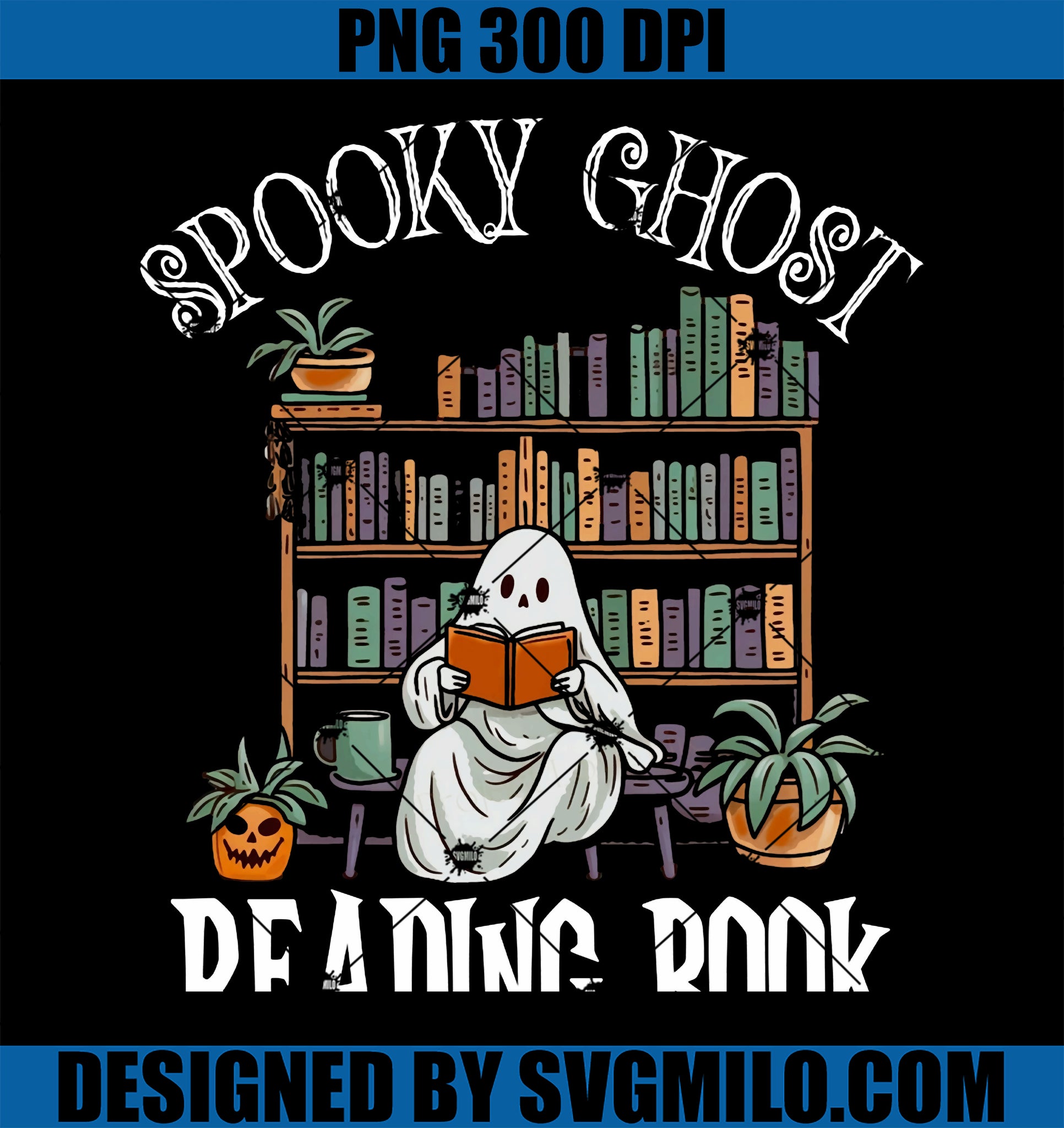 Ghost Reading Book Lovers Halloween Spooky PNG, Library Fall Art PNG
