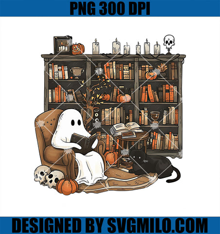 Ghost Reading Book PNG, Halloween Bookshelf PNG, Ghostly Bookish PNG, Black Cat and Book PNG