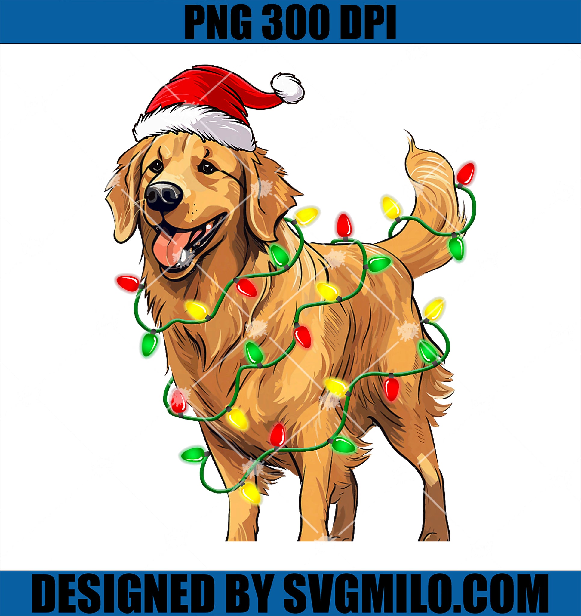 Golden Retriever PNG, Christmas Santa Hat Tree Lights PNG