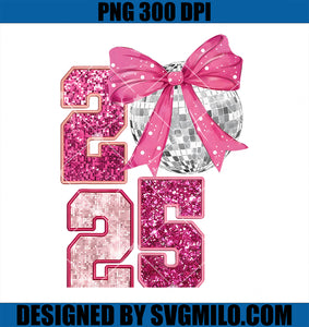 Happy New Year 2025 Disco Ball Pink Coquette Bow Family PNG