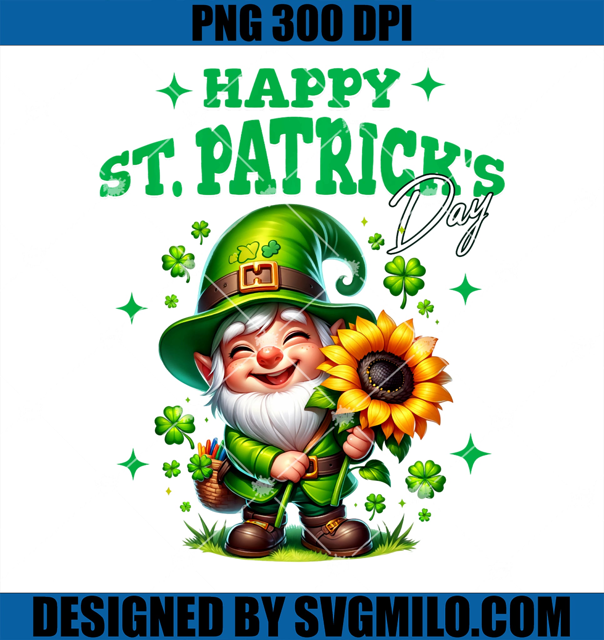 Happy St Patrick's Day PNG, Gnome With Leopard Sunflower Shamrock PNG