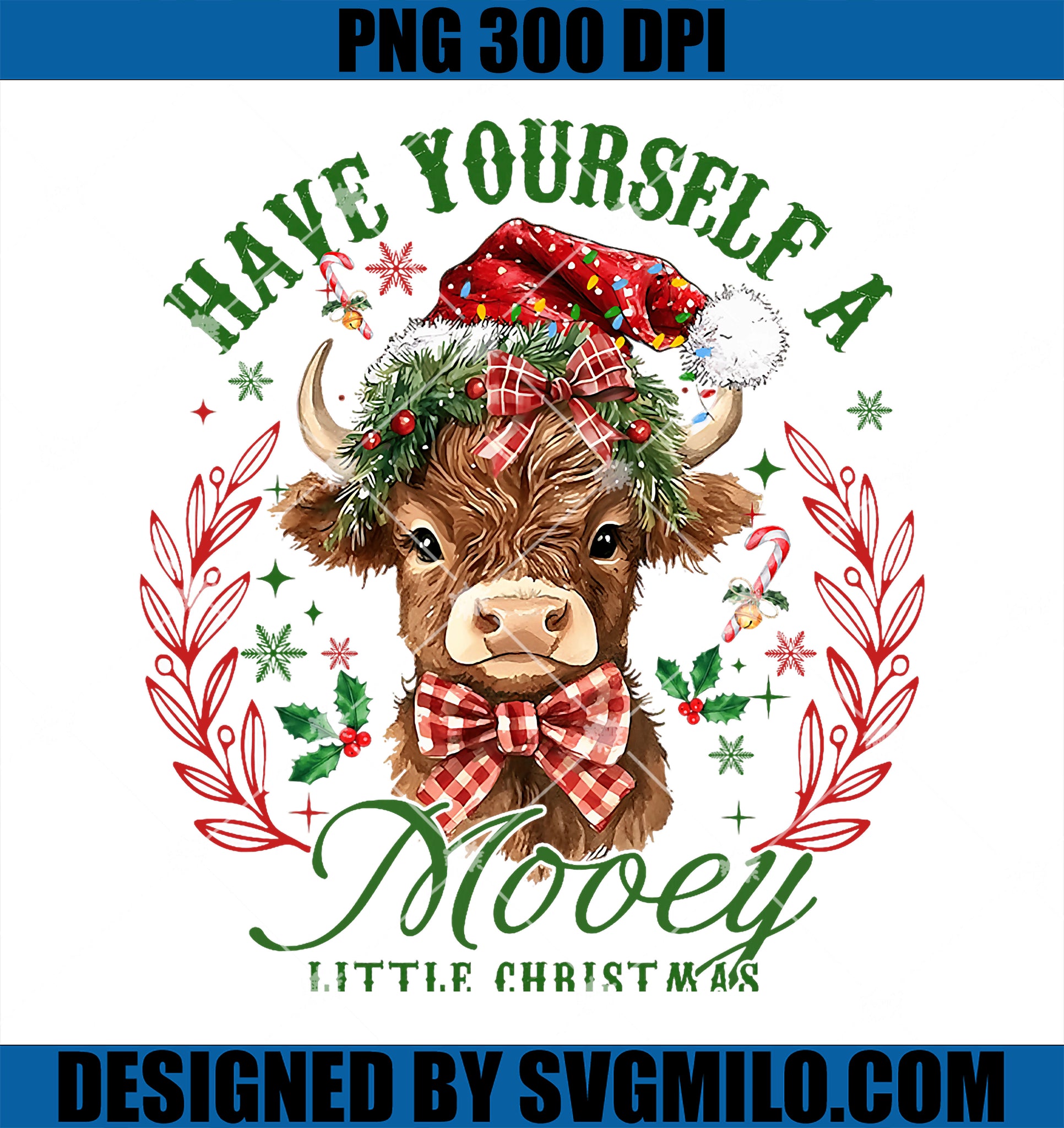 Have Yourself A Mooey Little Christmas Highland Cow Santa PNG