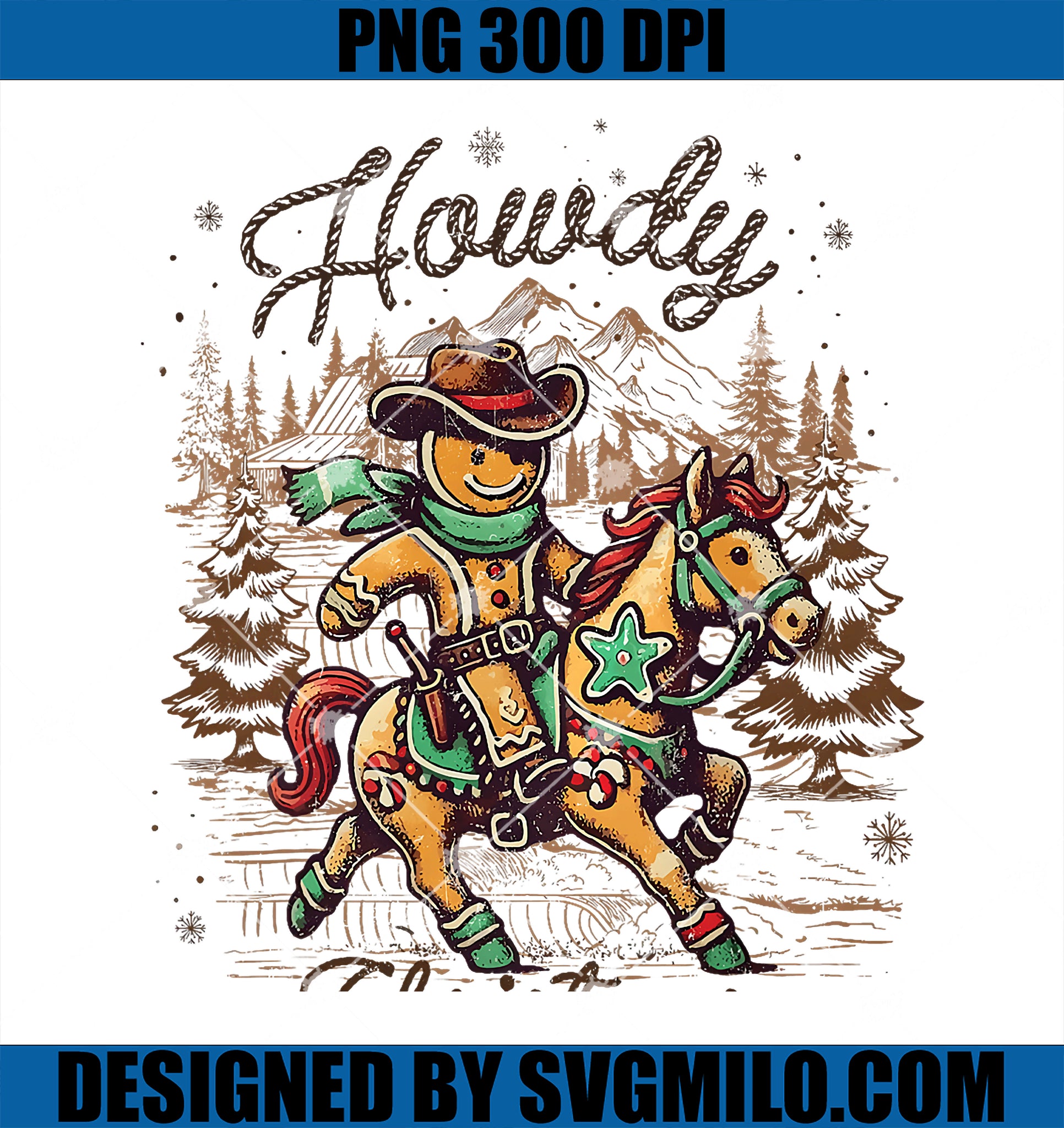 Howdy Christmas Gingerbread Man Cowboy Ride Horse Western PNG