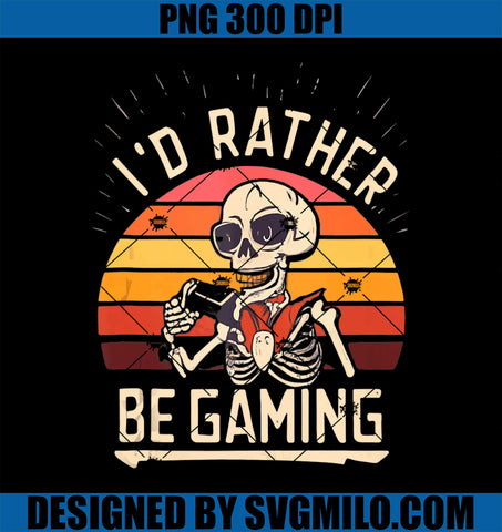 I'd Rather Be Gaming PNG, Retro Sunset Skeleton Gaming Halloween PNG, Vintage Skeleton PNG