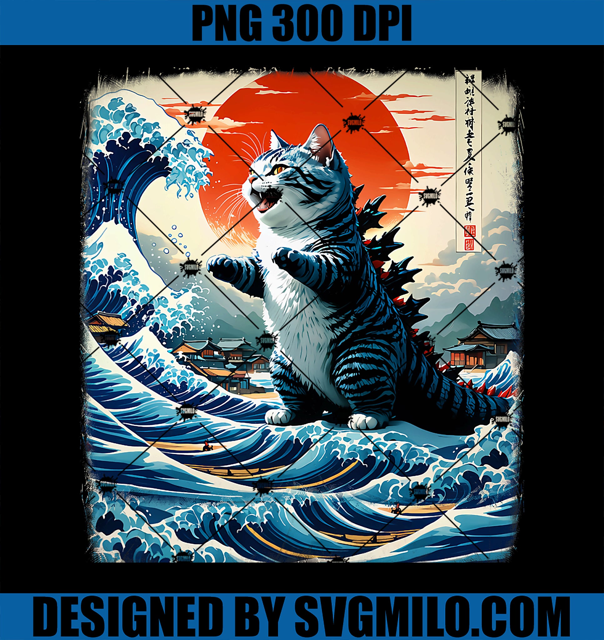 Japanese Cat Company PNG, Catzilla Cat Japanese Art Funny Cat Adventure PNG