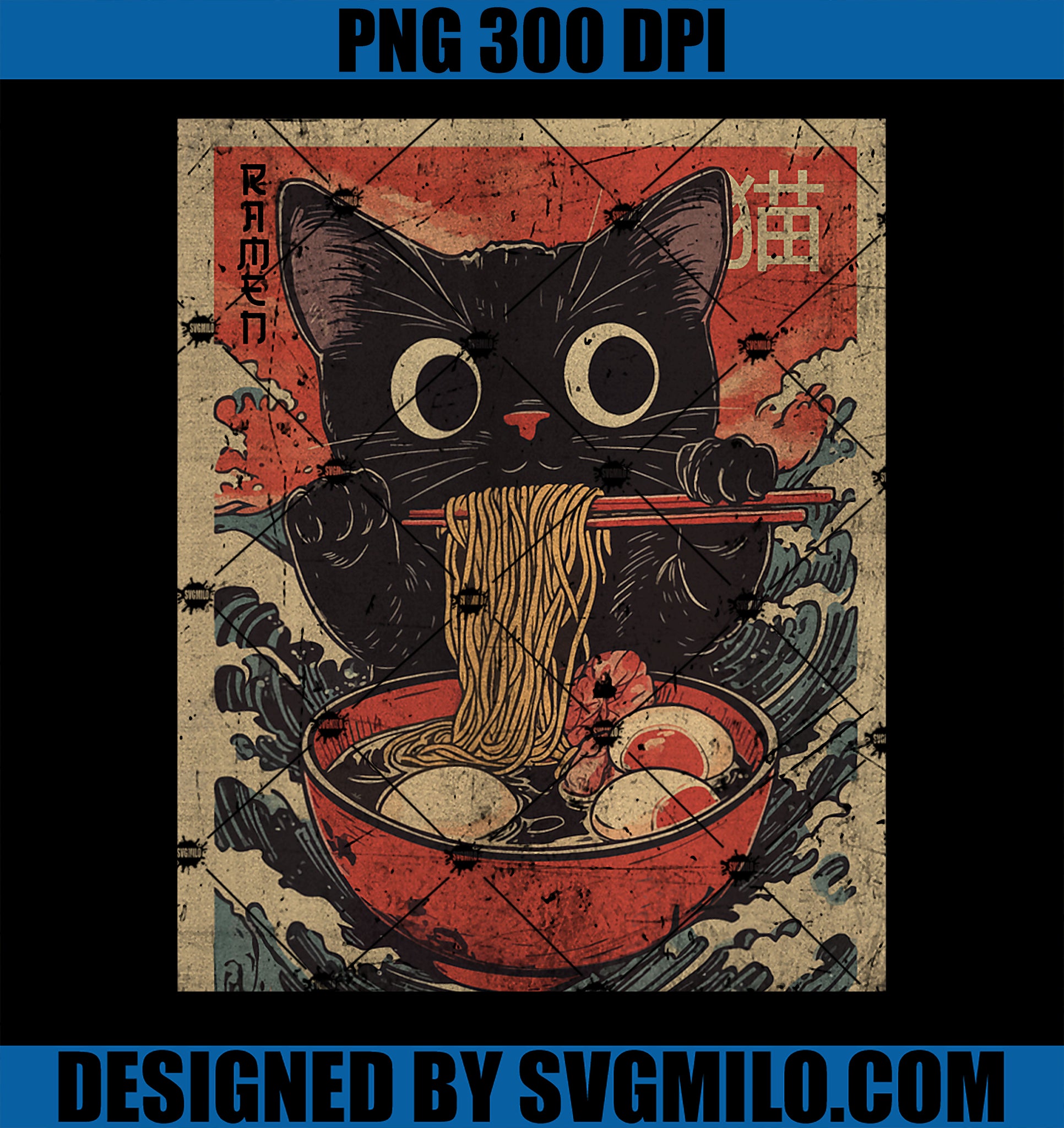 Kawaii Cat Graphic Tee PNG, Funny Cat Ramen Japanese Anime PNG