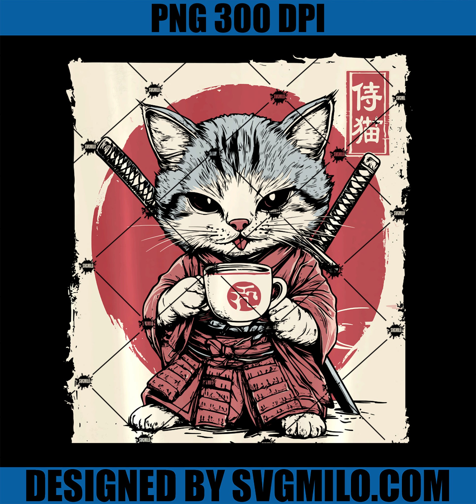 Kawaii Samurai Cat Drinking Coffee PNG, Ninja Cat for Cat Lovers PNG