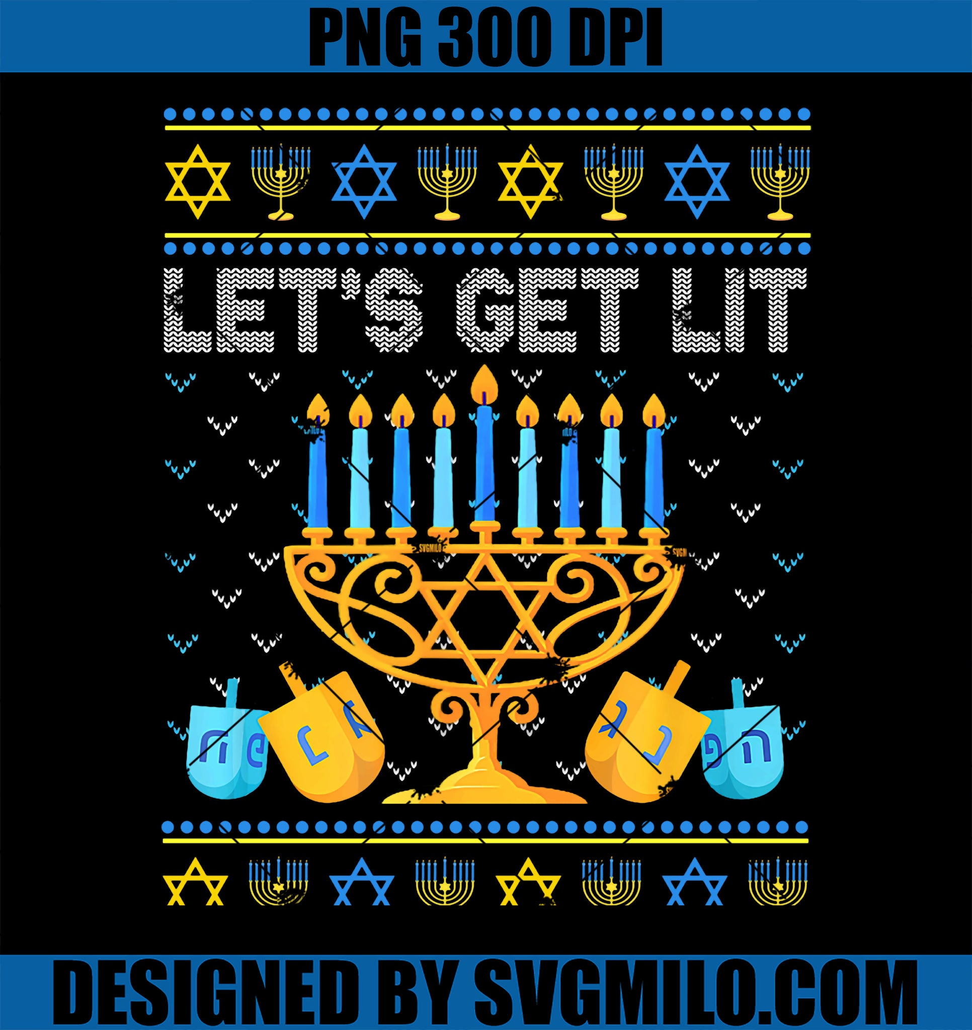 Let_s Get Lit Ugly Hanukkah Sweater Chanukah Jewish Menorah PNG