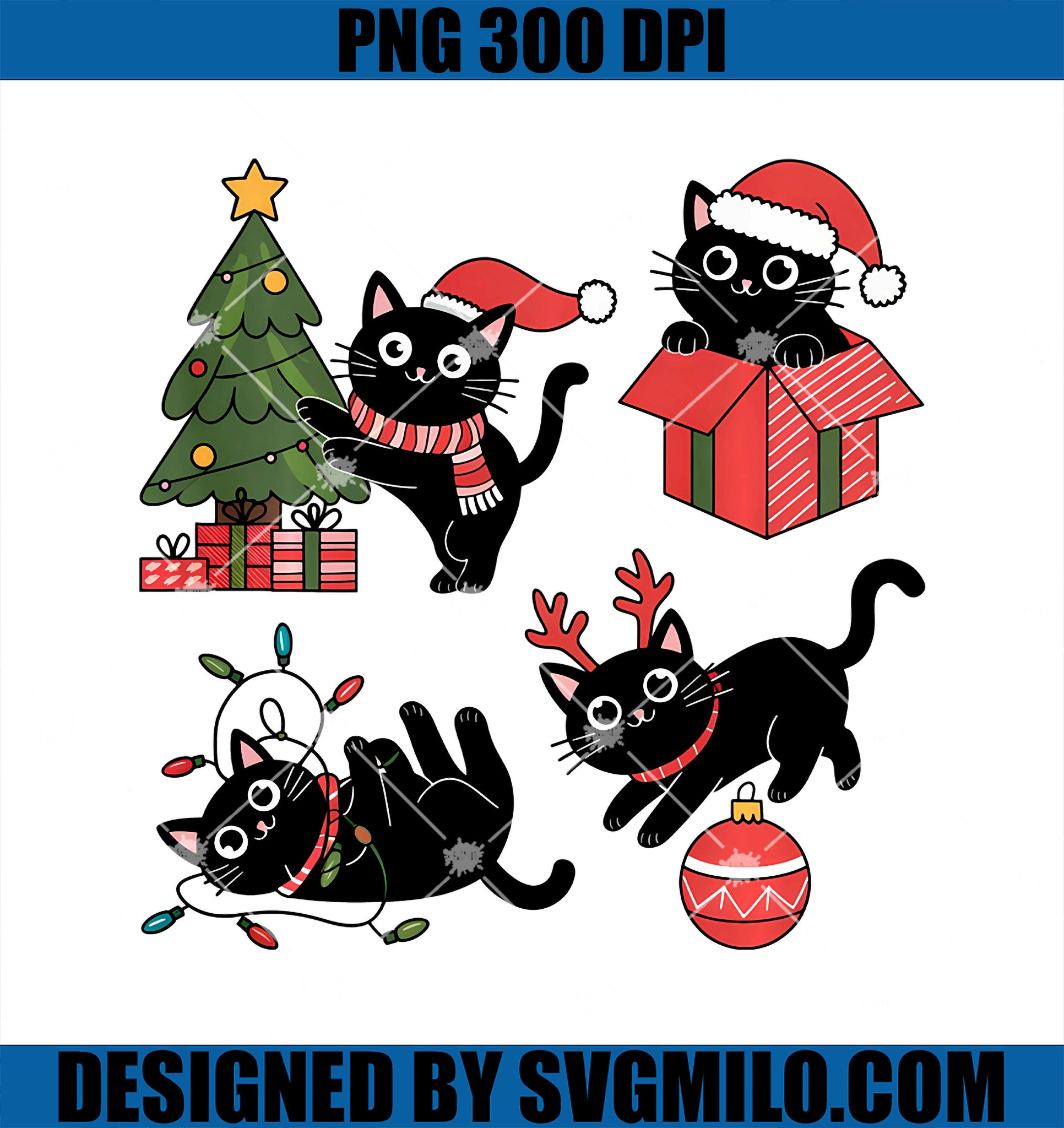 Meowy Christmas Black Cats Play Christmas Tree Lights Cats PNG