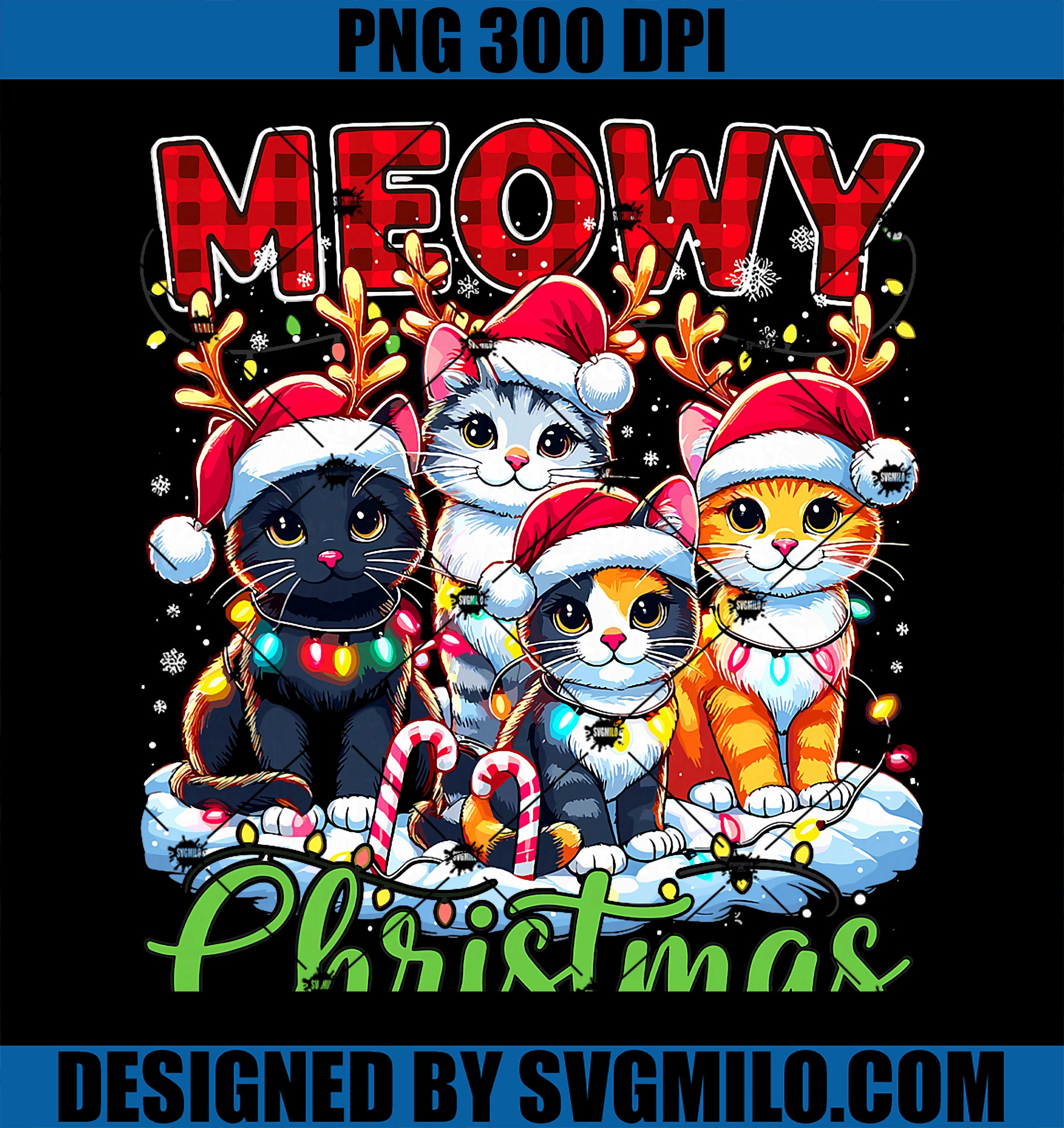 Meowy Christmas Reindeer PNG, Xmas Lights Santa Cat PNG