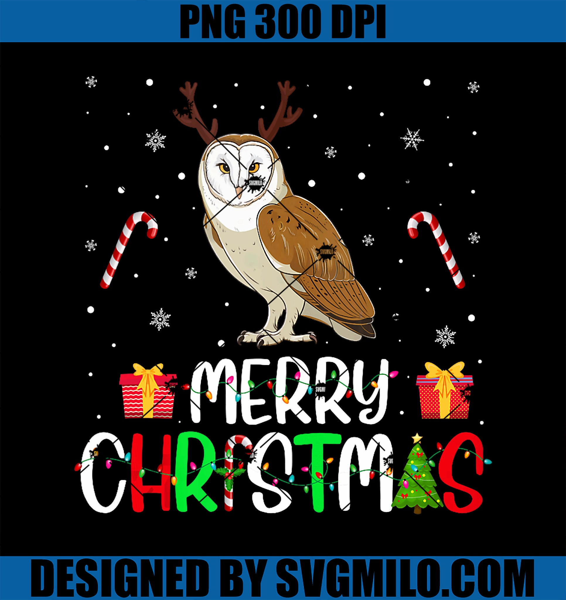 Merry Christmas Lights Barn Owl Reindeer Hat Xmas PNG