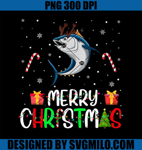 Merry Christmas Lights Bluefin Tuna Reindeer Hat Xmas PJs PNG