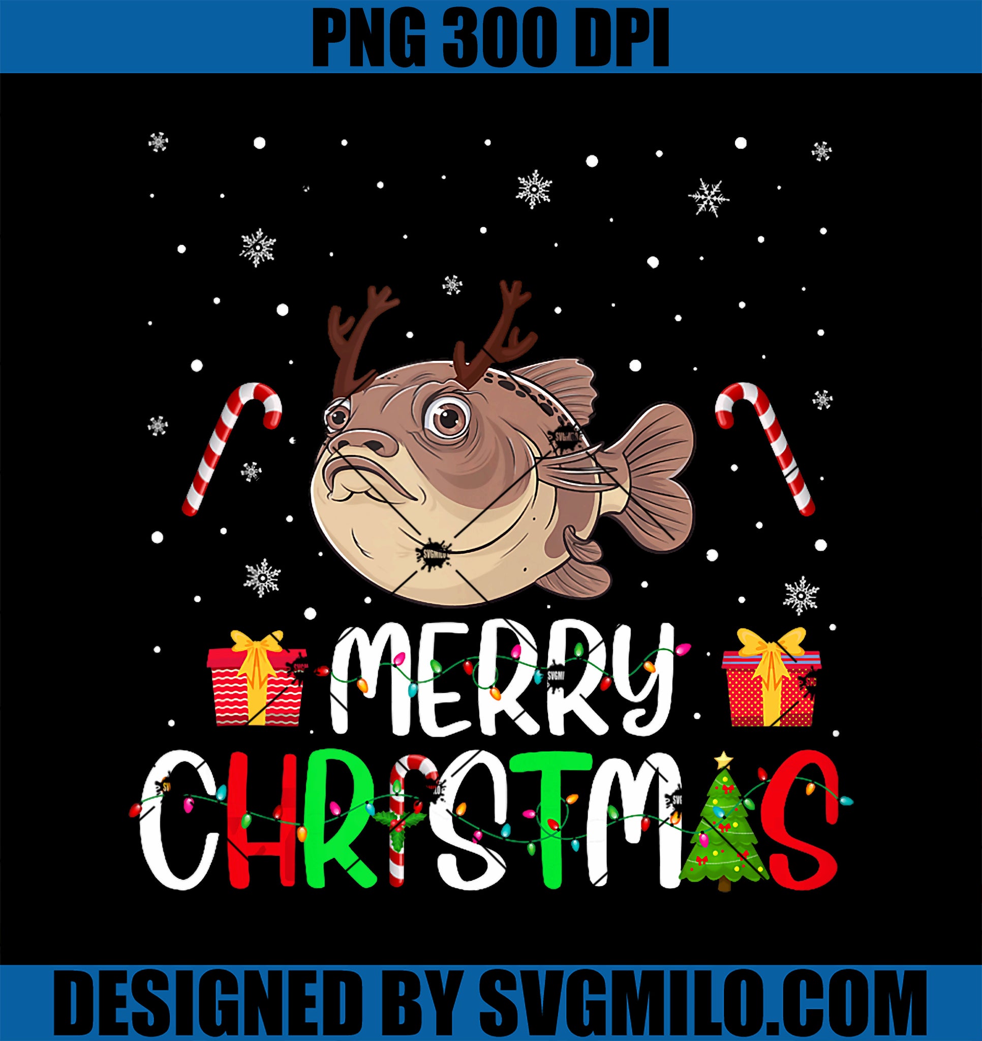 Merry Christmas Lights Puffer Fish Reindeer Hat Xmas PJs PNG