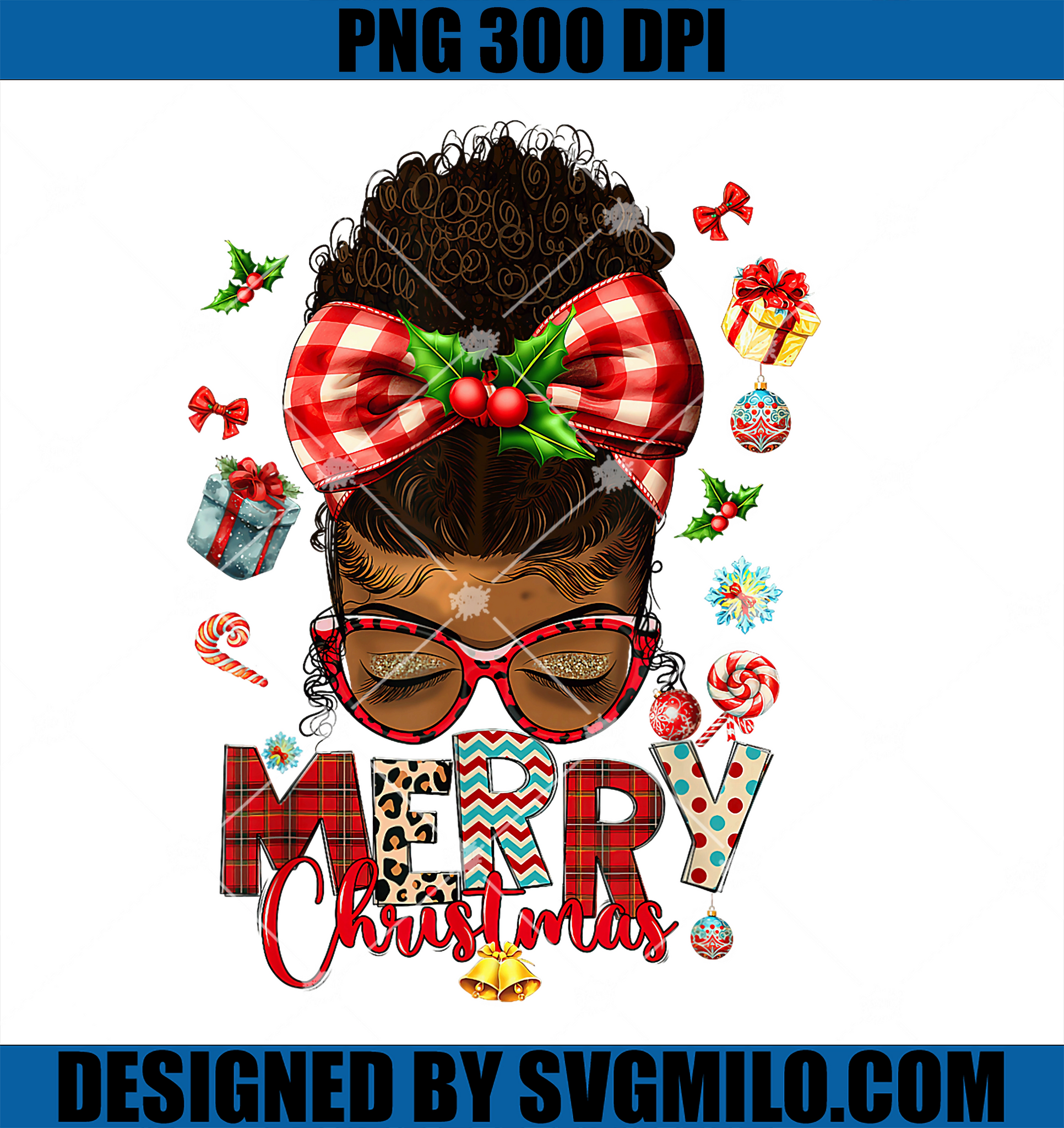Merry Christmas Messy Bun Black Women PNG, African American PNG, image size:1932x2048