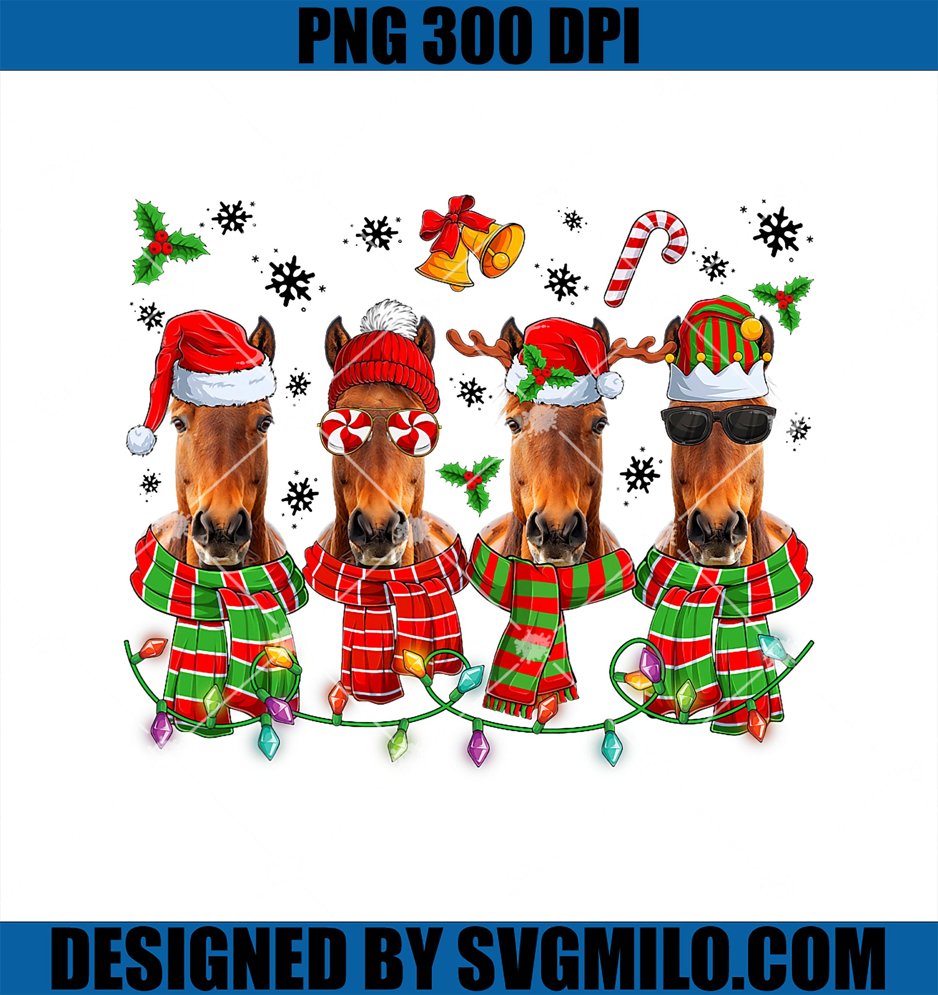 Merry Christmas Pajamas PNG, Horses Santa Hat Xmas Tree Lights PNG