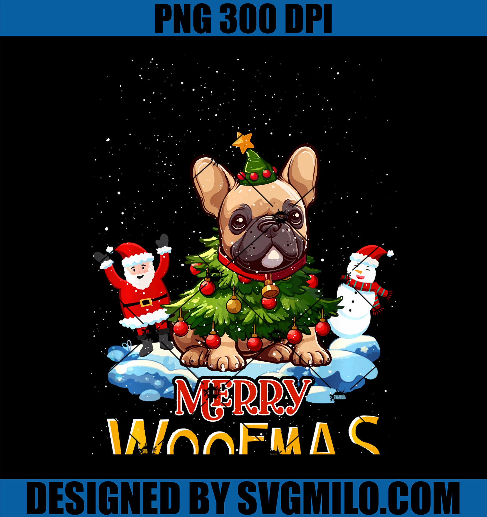 Merry Woofmas PNG, French Bulldog Merry Christmas Tree Lights PNG