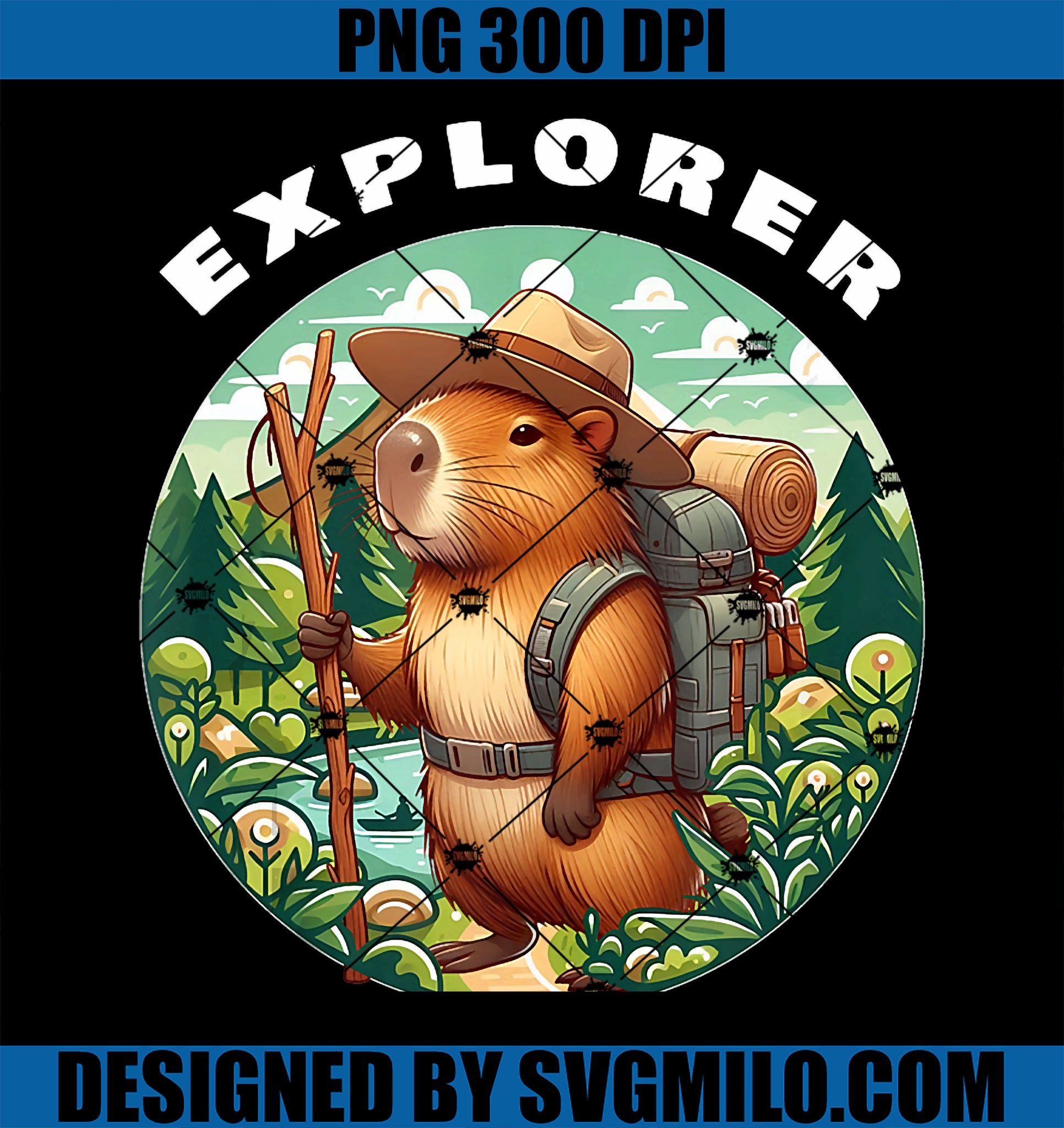 Nature Lover Cute Capybara PNG, Explorer With Walking Stick PNG