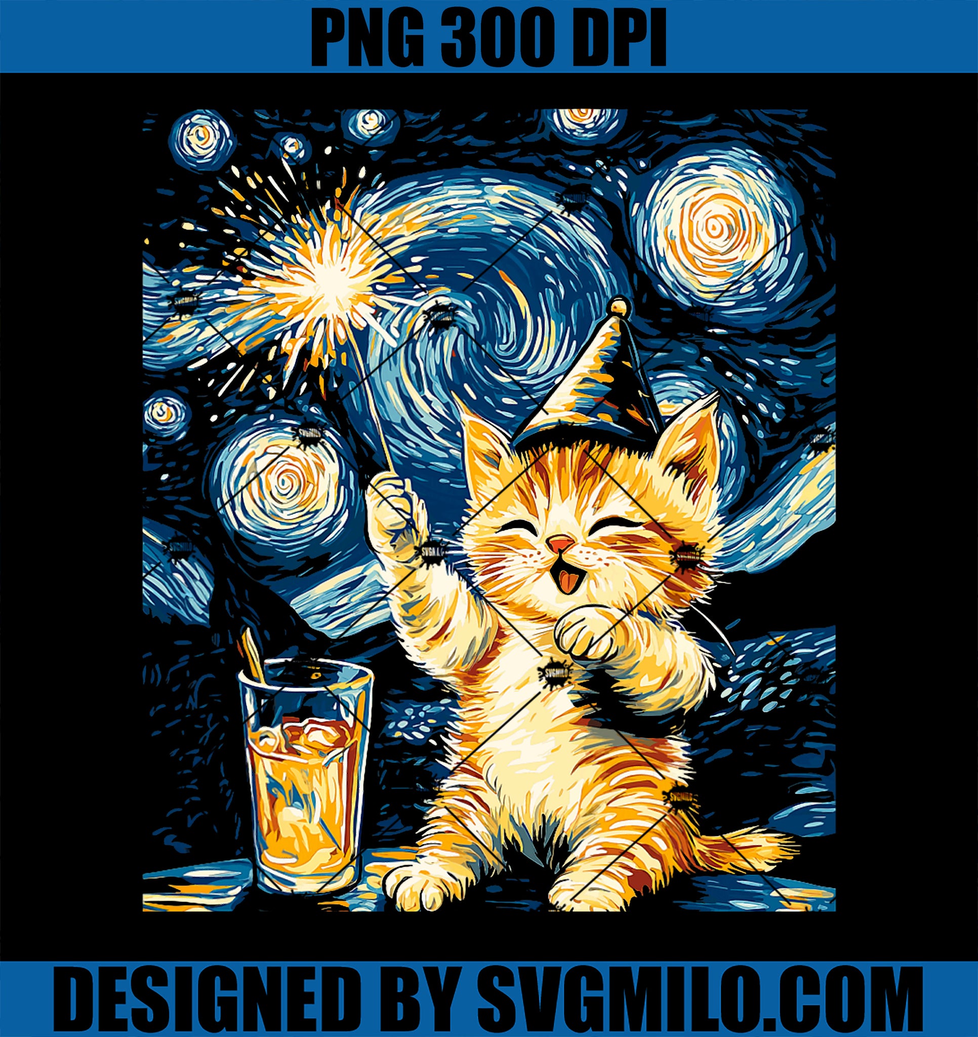 New Year Cat Starry Night Art for Cat Lovers PNG