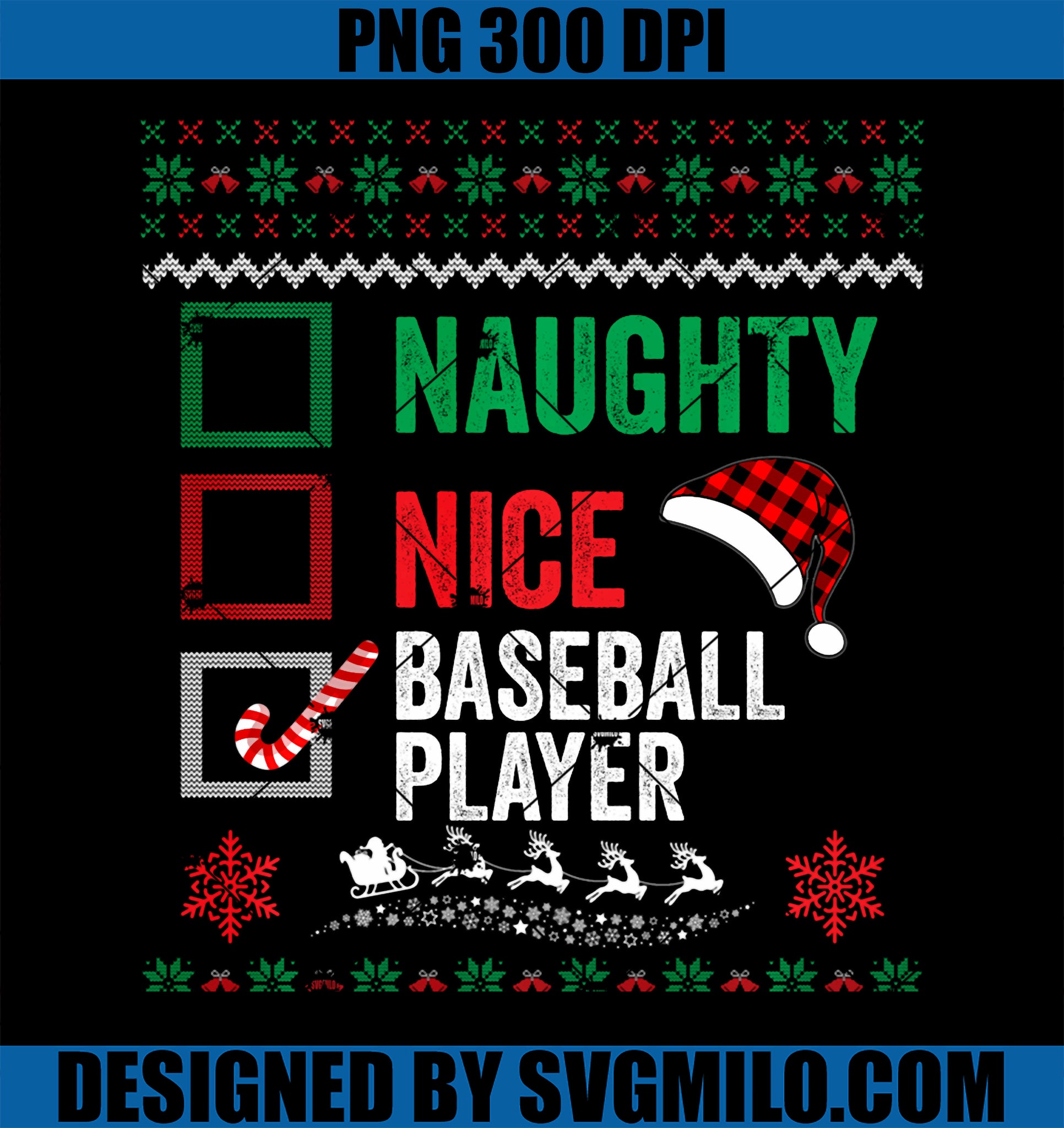 Nice Naughty Baseball Player Ugly Sweater Christmas List PNG