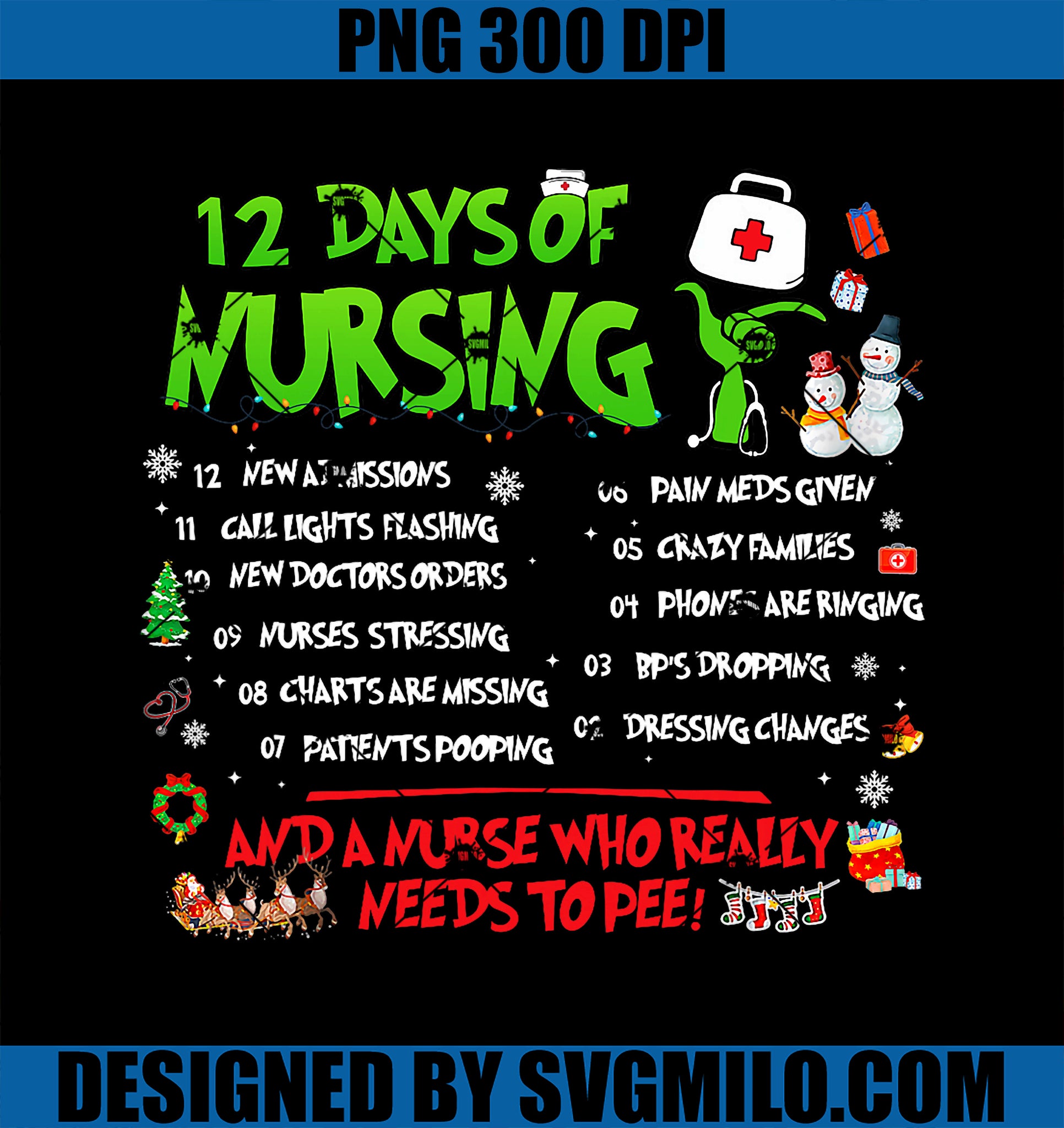 Nurses Merry Christmas PNG, Funny 12 Days of Nursing Xmas Pajamas PNG