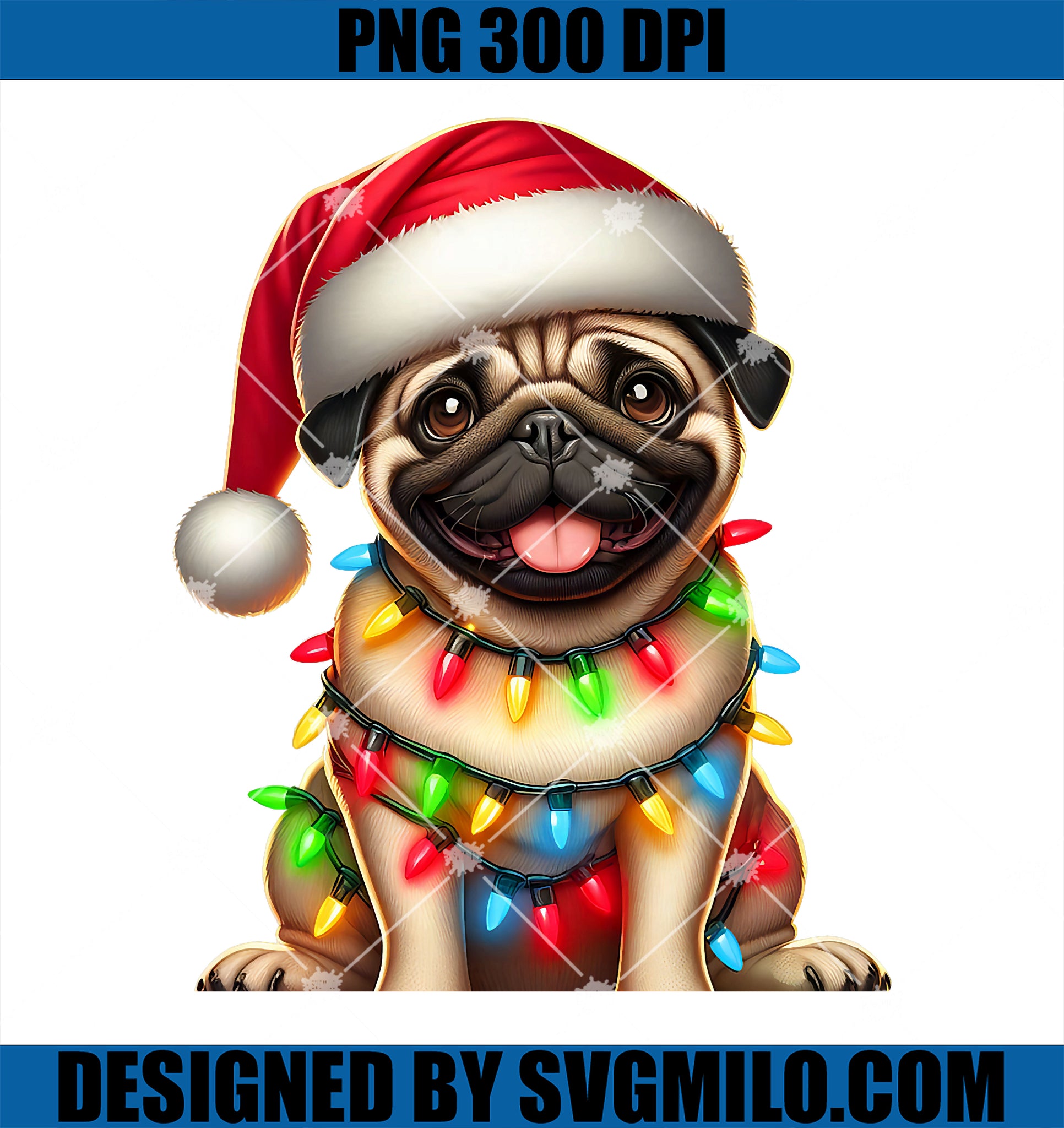 Pug Dog Christmas Tree Lights Santa Xmas PNG, Dog Lover PNG