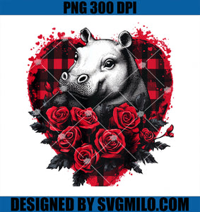 Red Black Plaid Heart Hippo Valentines Day PNG